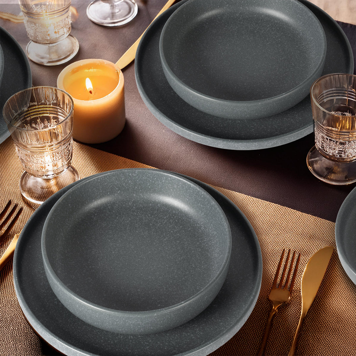 Set Piatti 18 Pezzi In Stoneware Opaco Organic Grigio - Per 6 Persone, Nordico, Lavastoviglie