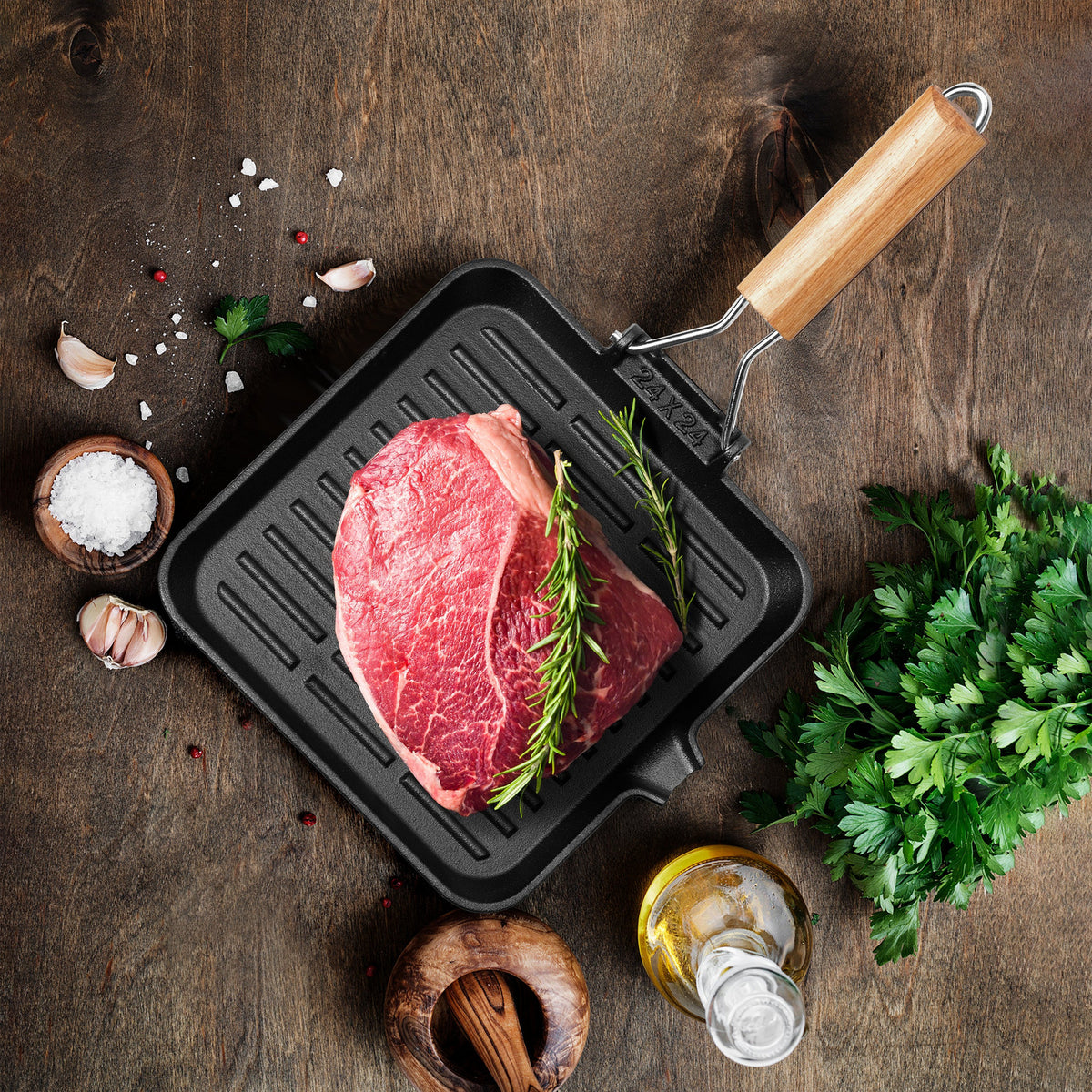 Bistecchiera In Ghisa Con Manico In Legno - Pressa Per Carne E Hamburger Con Scanalature Griglia