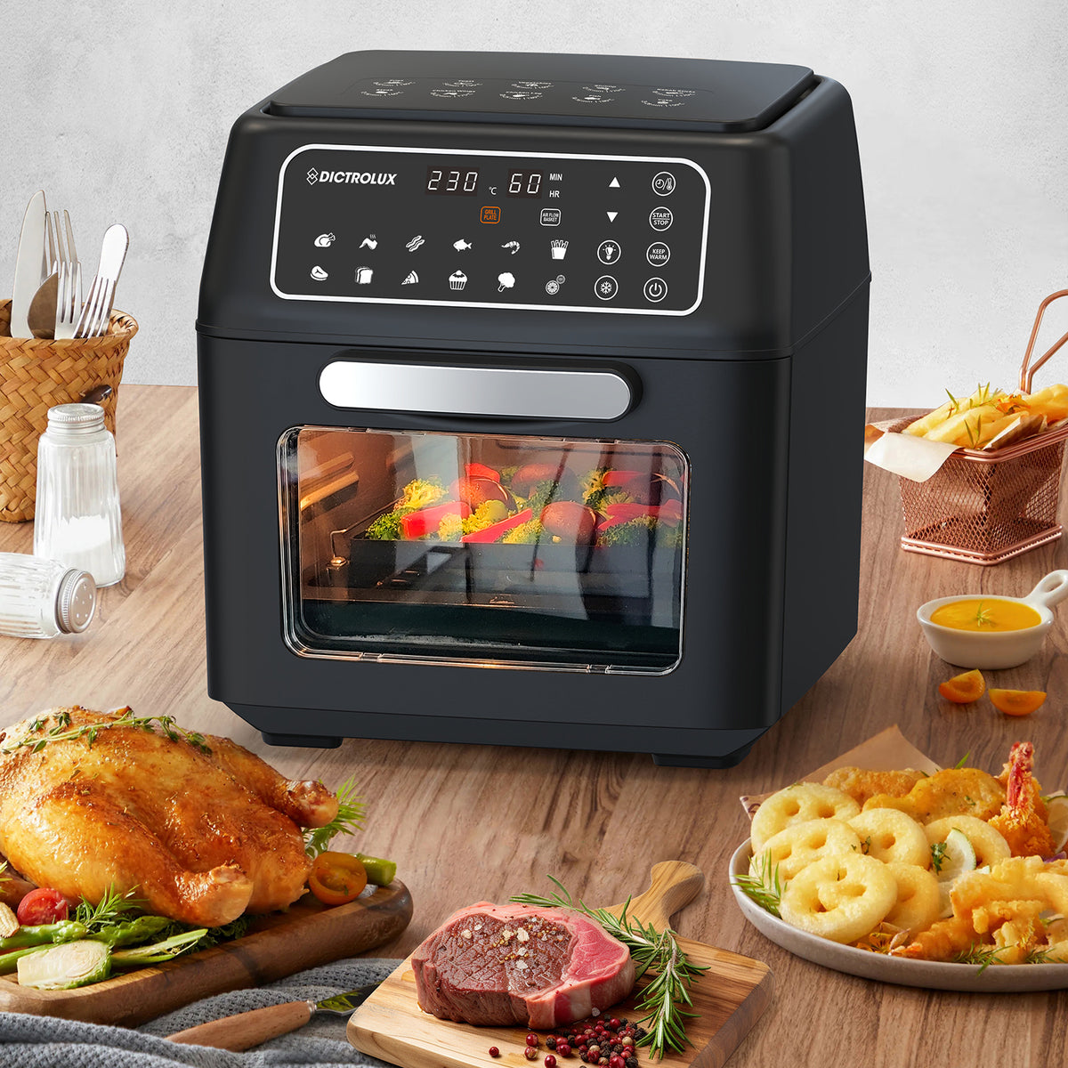 Dictrolux Friggitrice Ad Aria 7,4L Con Oblò: 9 Programmi, 1800W, Cottura Senza Olio Per Piatti Sani E Croccanti