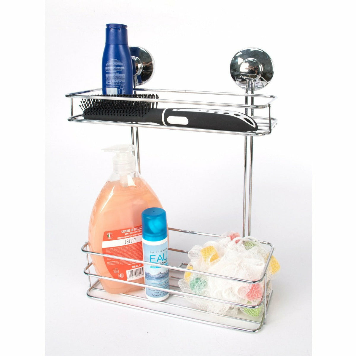 HOME Mensola Rettangolare In Filo Cromato Con Ventose – 26x13x7,5 Cm – Accessorio Doccia E Bagno Portaoggetti