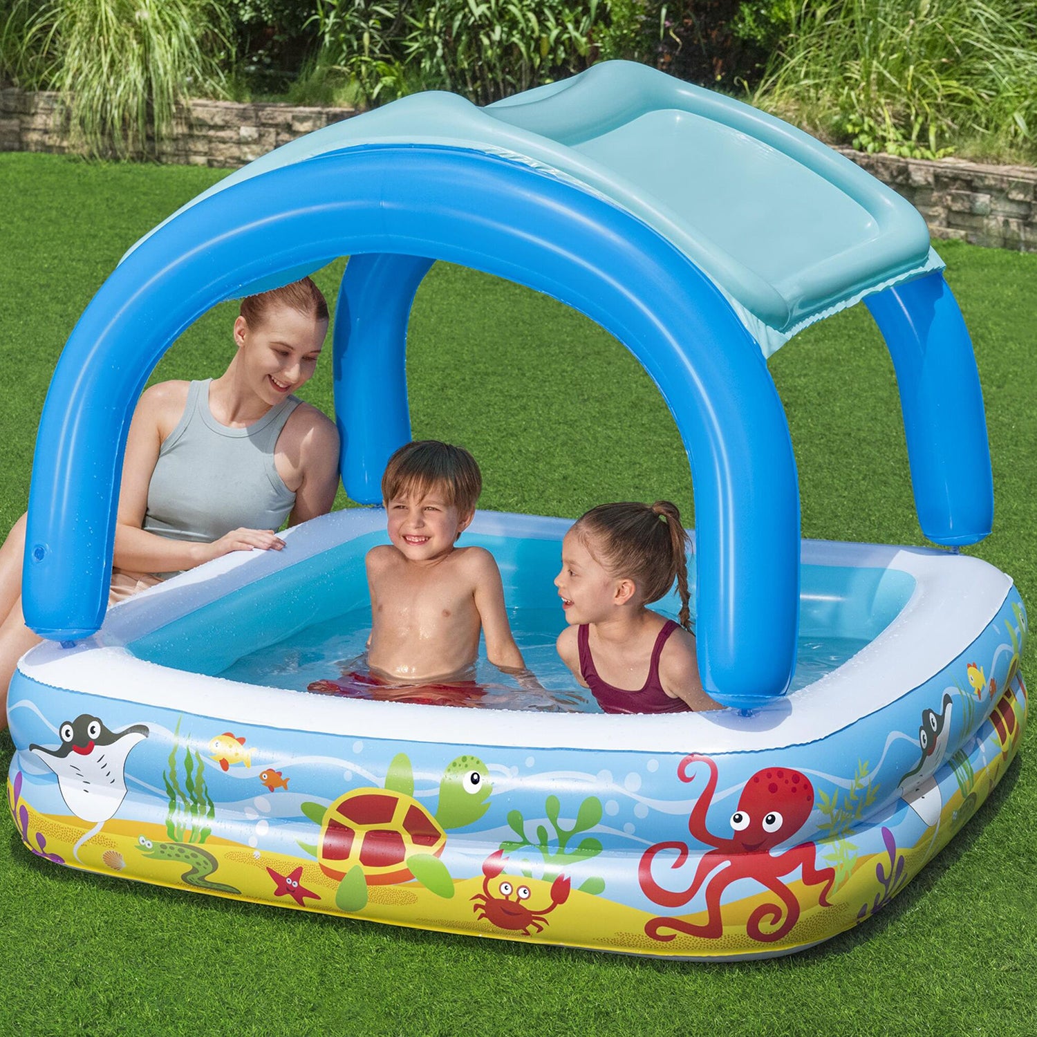 BESTWAY - Piscina per Bambini Pesci Tropicali con tetto di protezione solare - h114x140x140 cm