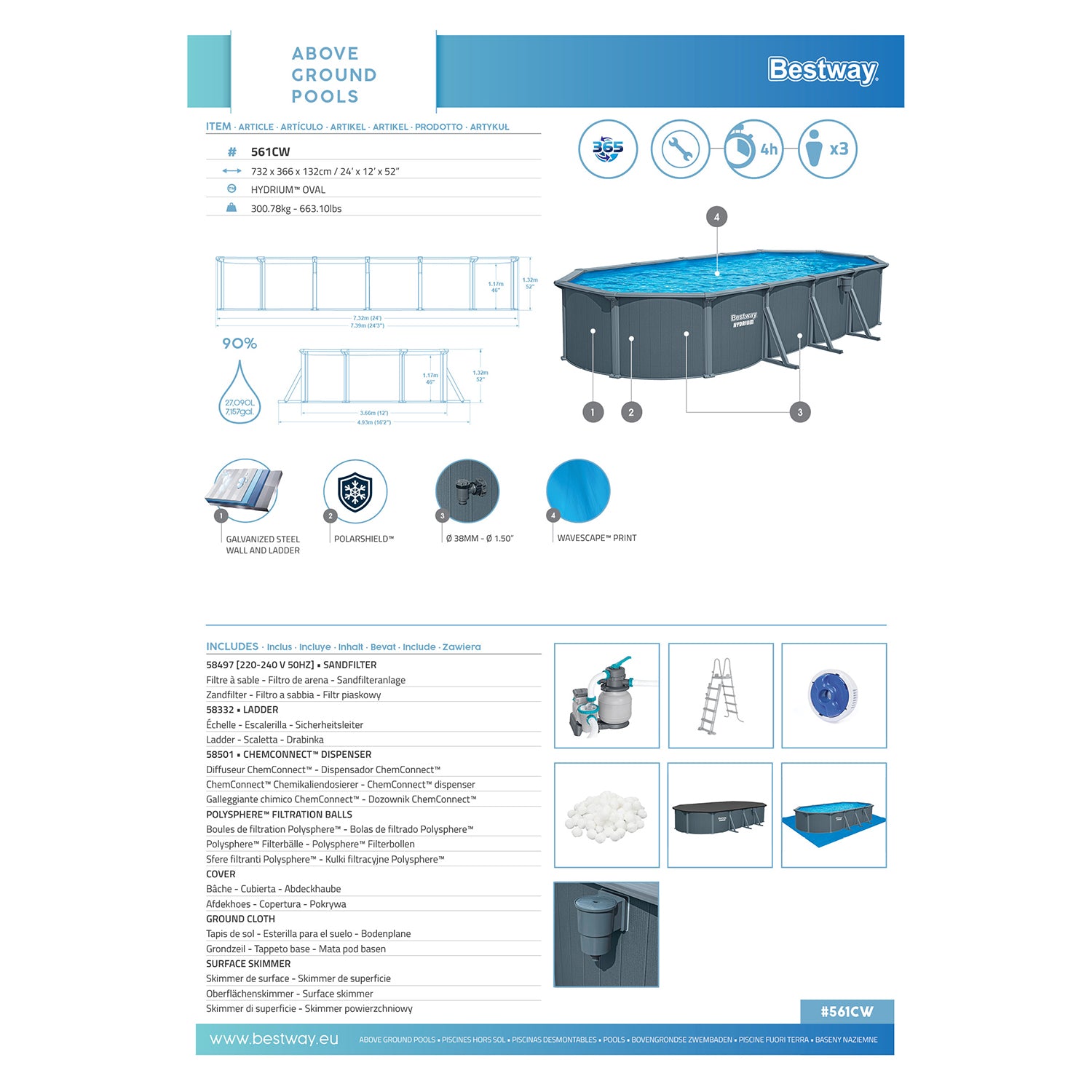 BESTWAY - Piscina fuori terra Ovale Hydrium™ Grigia Effetto Legno altezza 122x732x366 cm