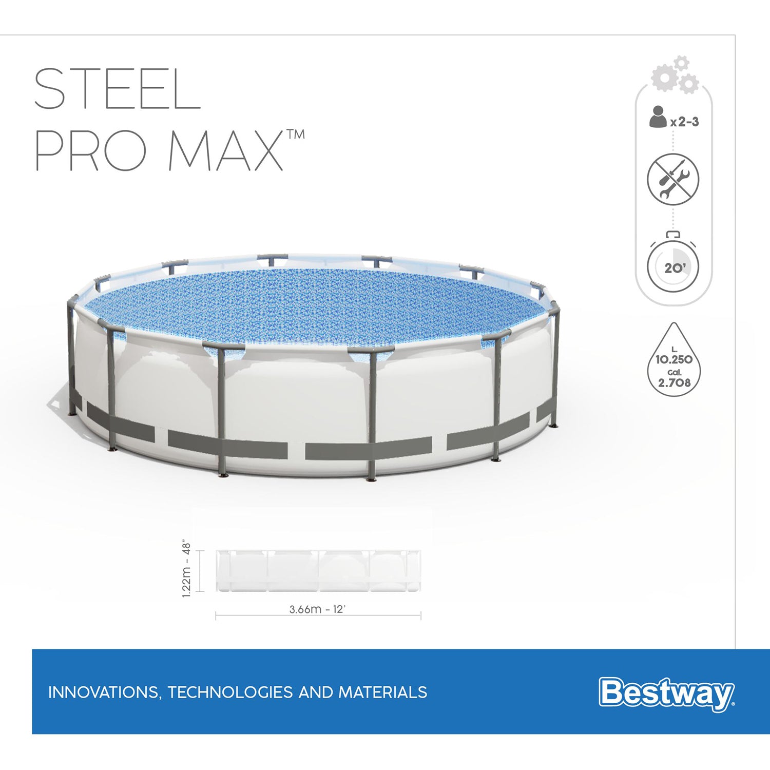 BESTWAY - Piscina Fuori Terra Rotonda Steel Pro MAX™ con Pompa Filtro, Scaletta e Copertura - altezza 122 cm diametro 366 cm