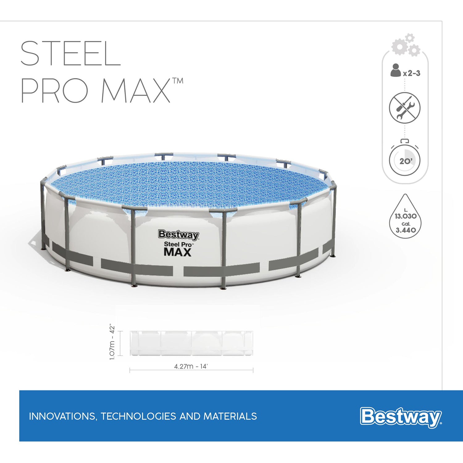 BESTWAY - Piscina fuori terra Steel Pro Max - altezza 107cm diametro 427cm