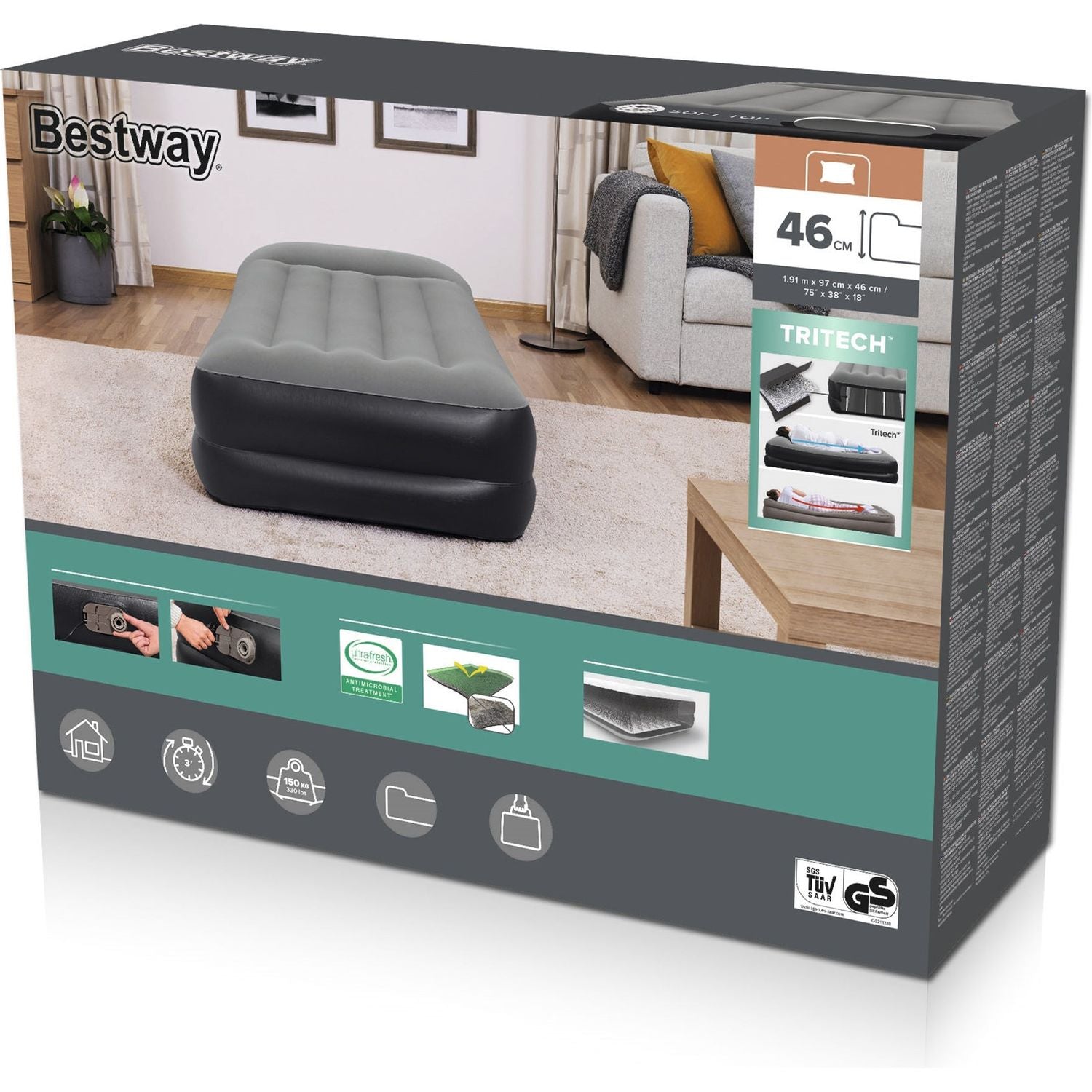 BESTWAY - Materasso singolo gonfiabile Tritech con pompa integrata - h46x191x97 cm