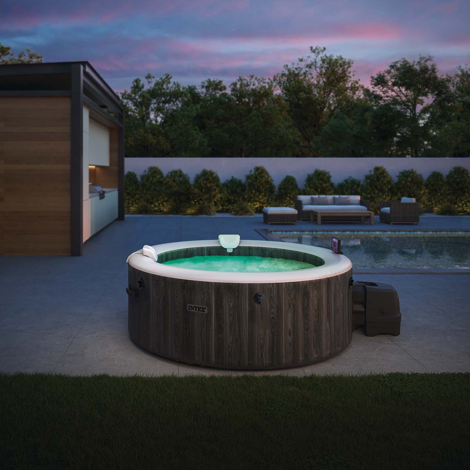 INTEX - Spa Idromassaggio PureSpa™ Greywood Deluxe™ 6 Posti Grigio Effetto Legno - altezza 71 cm diametro 216 cm