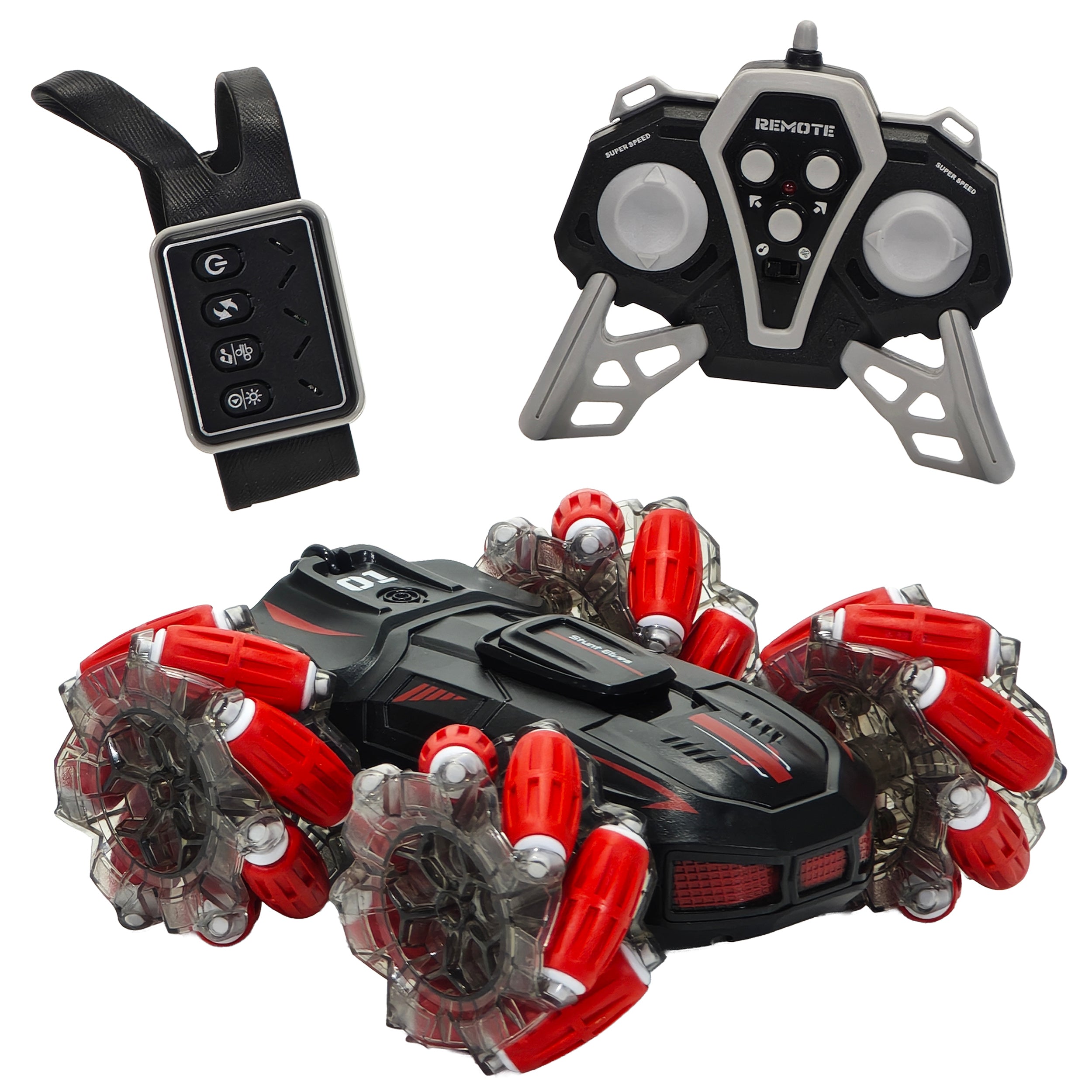 TU GIOCHI - The Stunt Vehicle Racing con Radiocomando + Controller da Polso, Effetto Spray e Luci LED