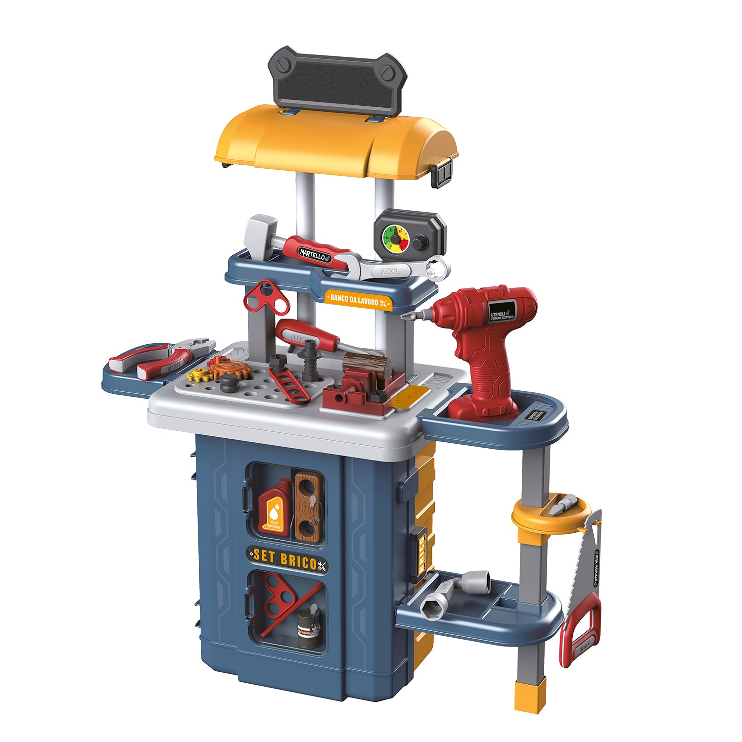 TU GIOCHI - Trolley Set Brico 3 in 1 - Banco da Lavoro Giocattolo con 46 Pezzi