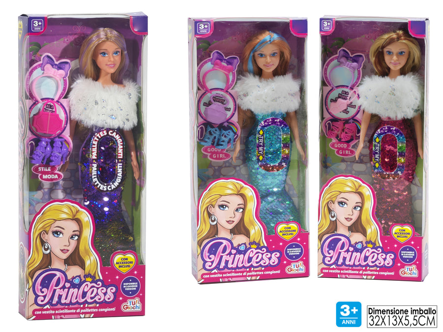 Princess Bambola con Vestito di Paillettes Cangianti e Accessori Moda