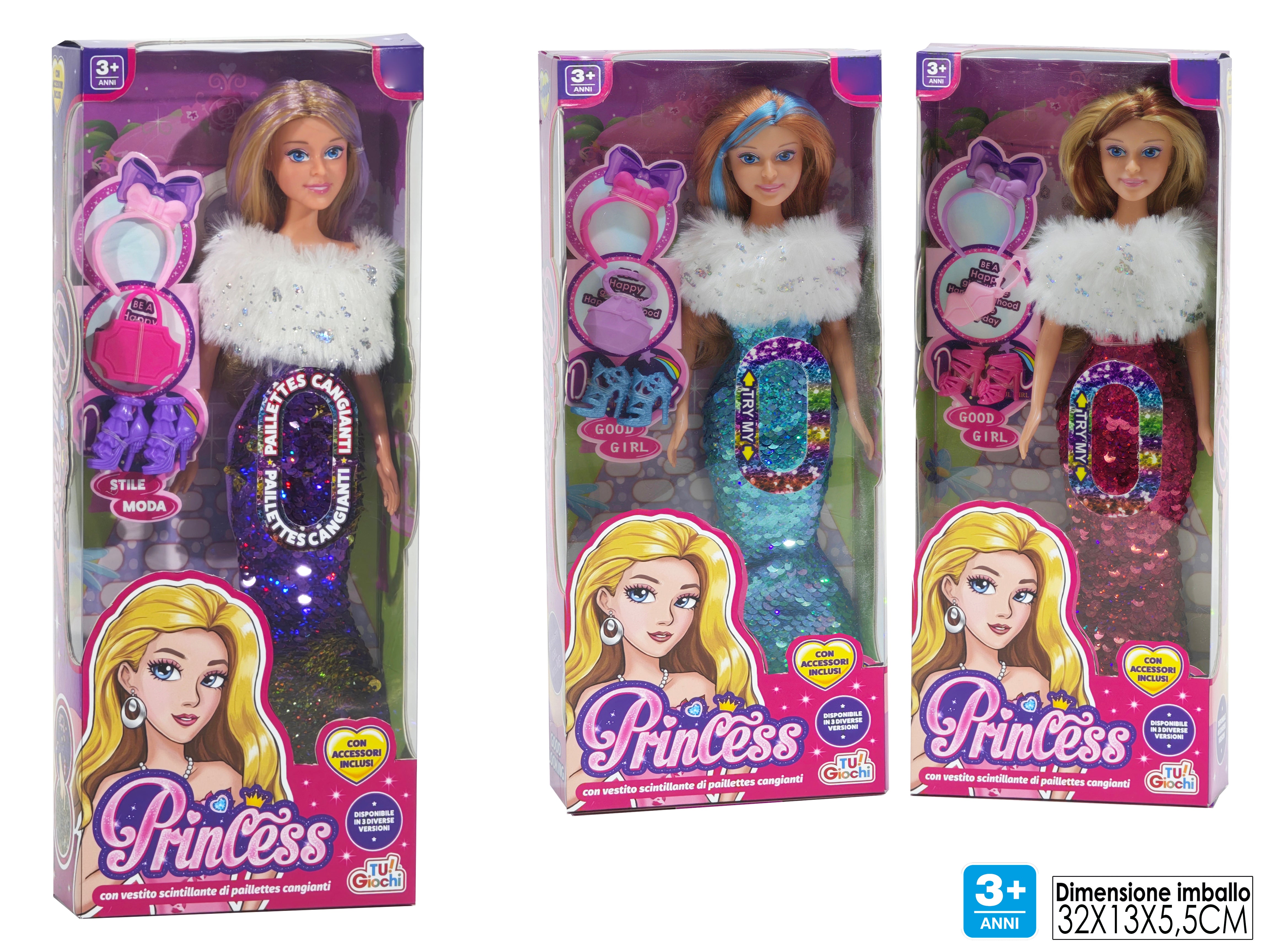 TU GIOCHI - Princess Bambola con Vestito di Paillettes Cangianti e Accessori Moda