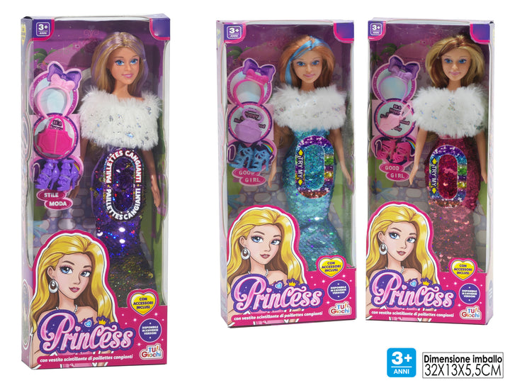 TU GIOCHI - Princess Bambola con Vestito di Paillettes Cangianti e Accessori Moda