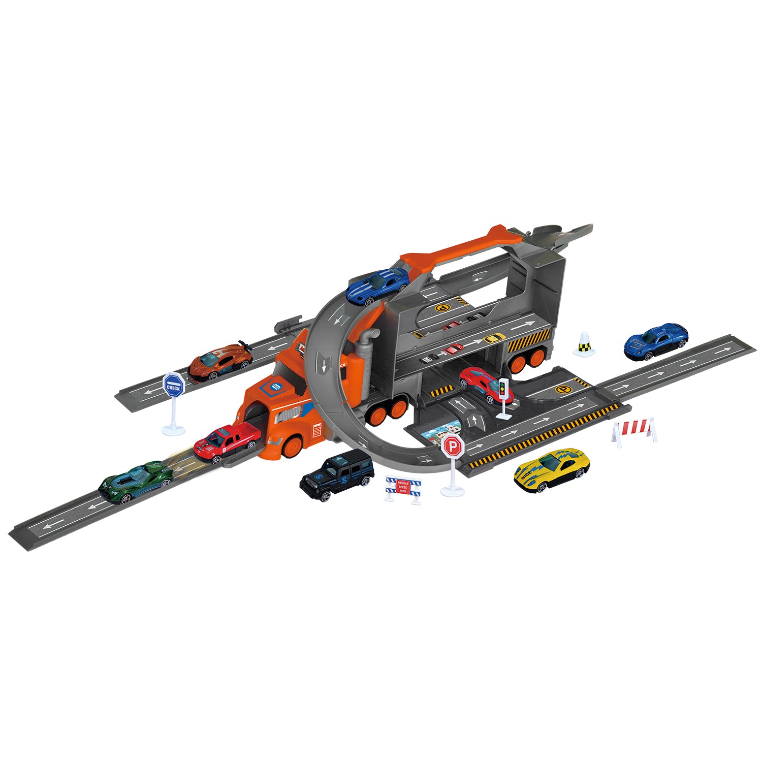 TU GIOCHI - Camion Container Trasformabile 2 in 1 con Pista e Veicoli 3+ Anni