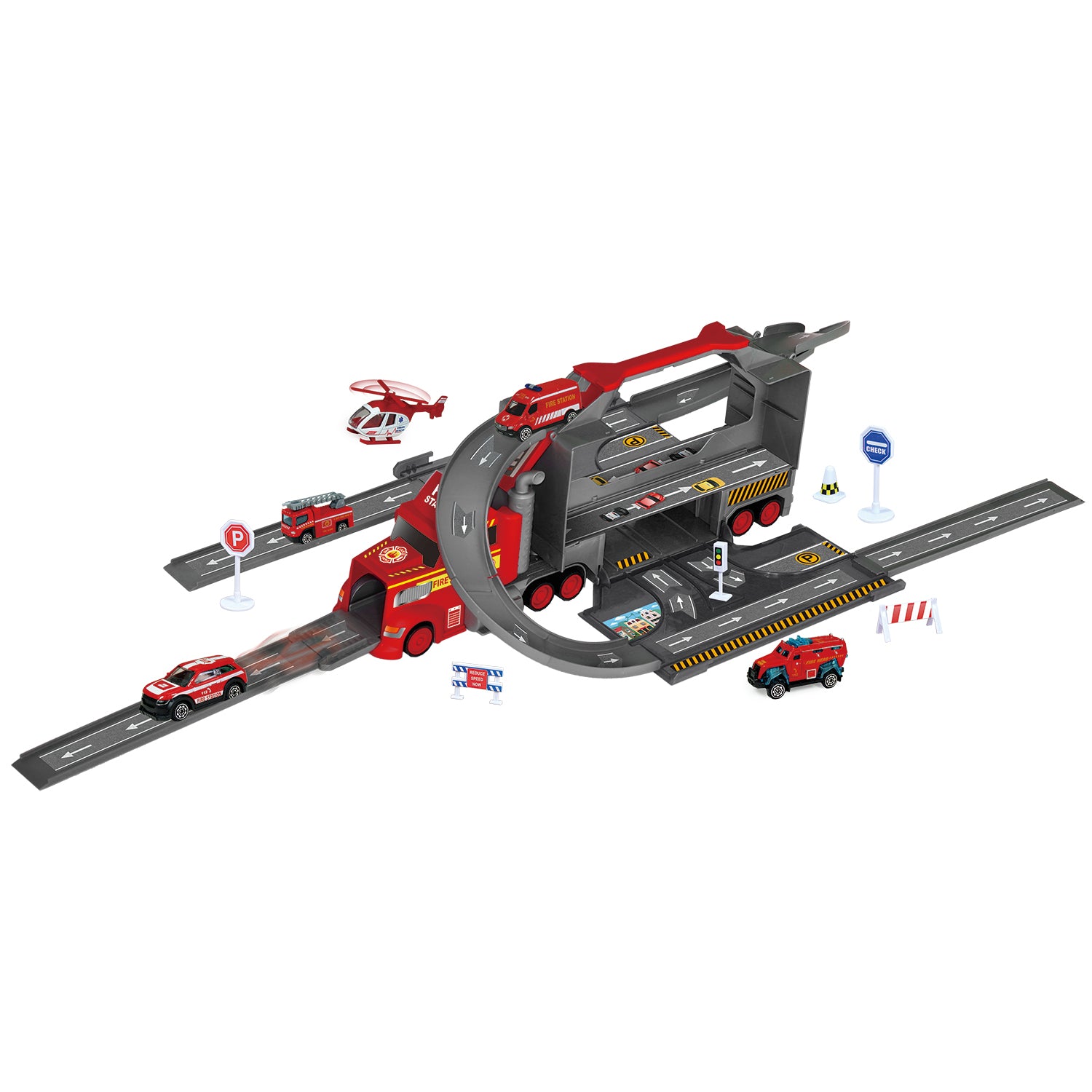 TU GIOCHI - Camion Container Trasformabile 2 in 1 con Pista e Veicoli 3+ Anni