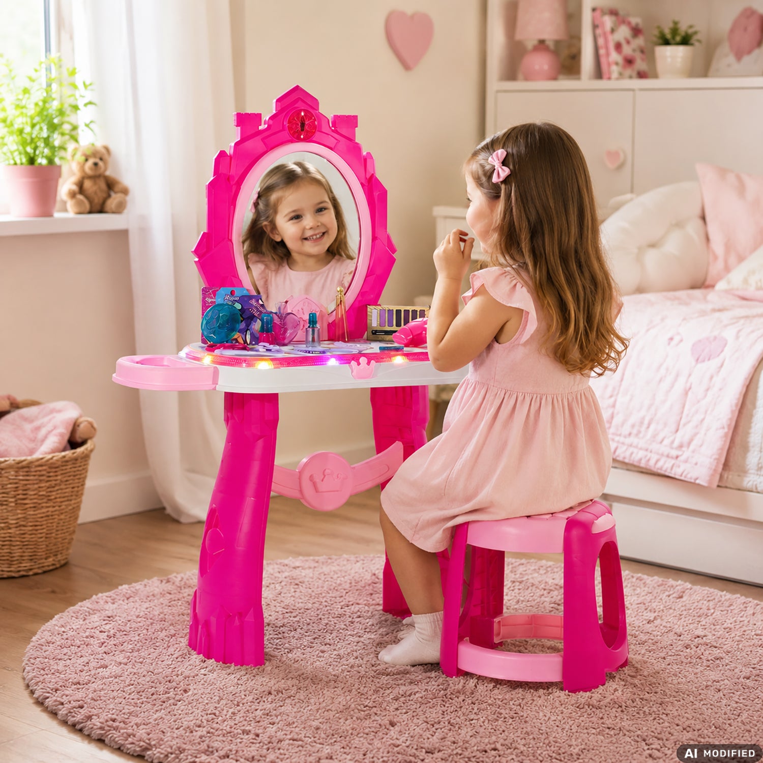 TU GIOCHI - Specchio Incantato Toeletta con Luci, Suoni, Sgabello e 18 Accessori 3+ Anni - h79x60x27 cm