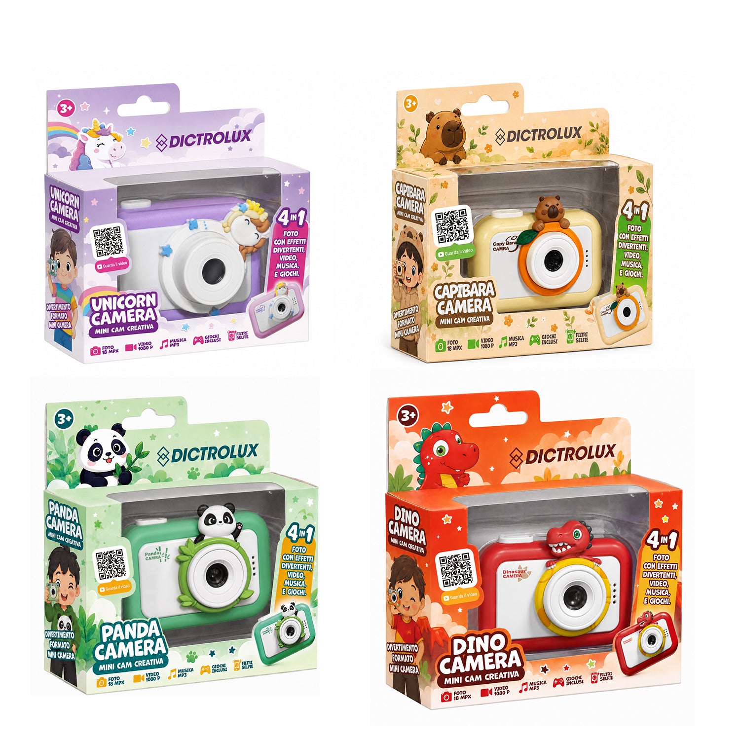 DICTROLUX - Mini Fotocamera Digitale per Bambini 4 in 1 con Giochi e Filtri Selfie 3+ Anni