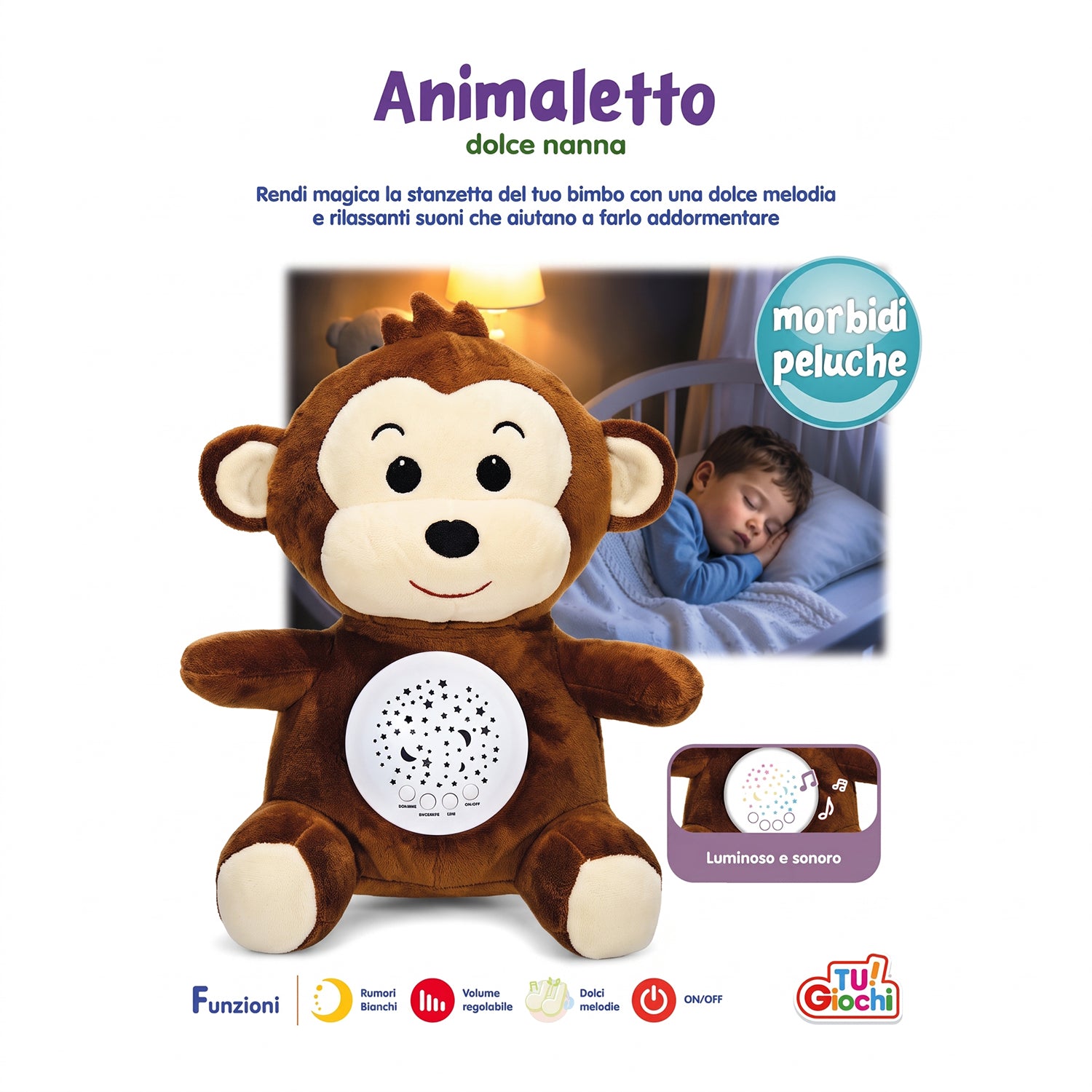 TU GIOCHI - Animaletto Dolce Nanna Peluche Interattivo con Luci, Suoni e Melodie 3+ Anni