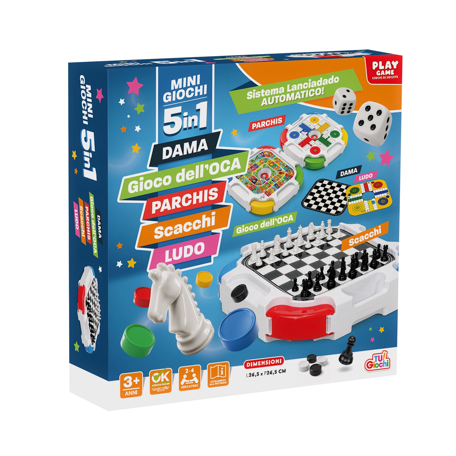 TU GIOCHI - Mini Giochi 5 in 1 da Tavolo 3+ Anni - Dama, Gioco dell’Oca, Parchis, Scacchi e Ludo con Lanciadado Automatico