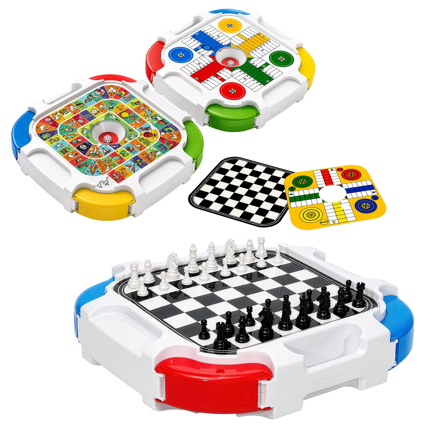 TU GIOCHI - Mini Giochi 5 in 1 da Tavolo 3+ Anni - Dama, Gioco dell’Oca, Parchis, Scacchi e Ludo con Lanciadado Automatico