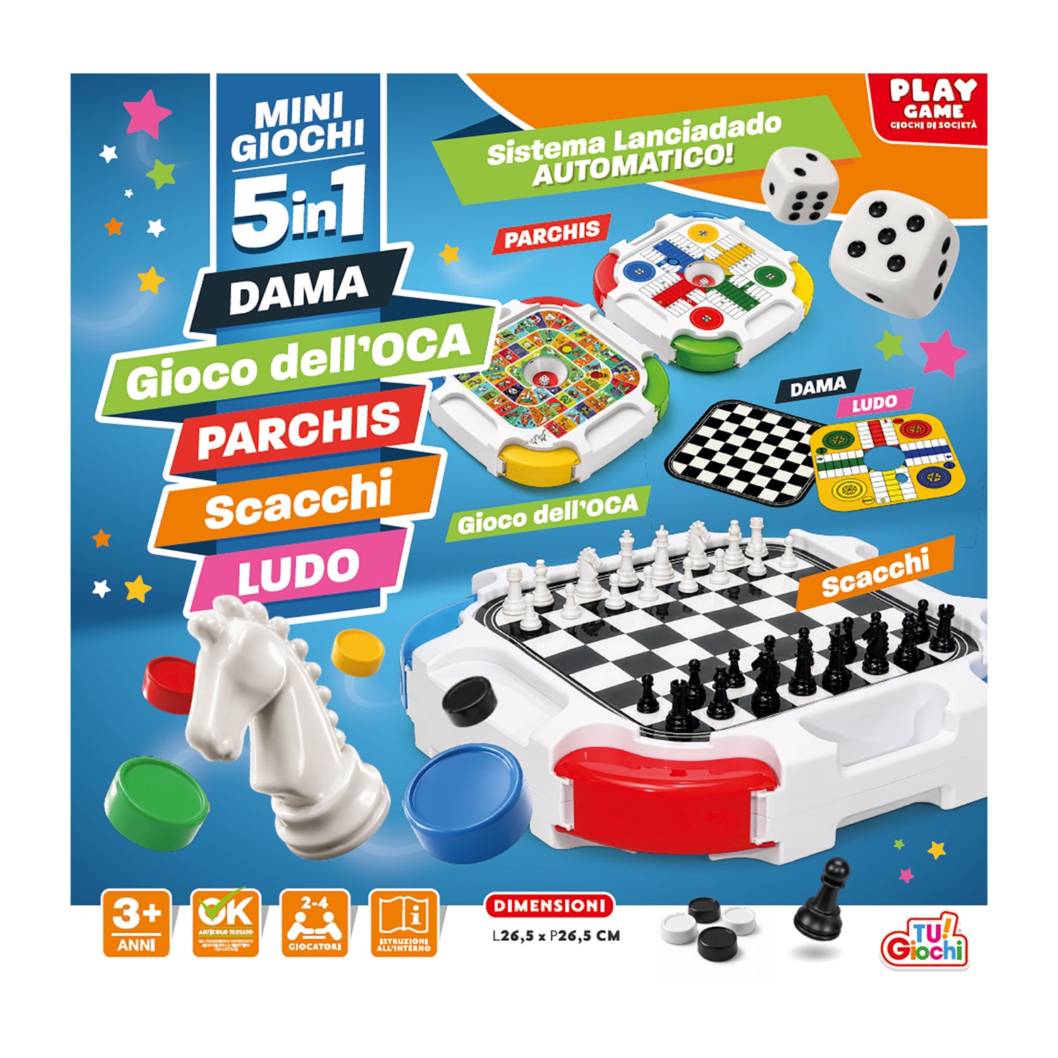 TU GIOCHI - Mini Giochi 5 in 1 da Tavolo 3+ Anni - Dama, Gioco dell’Oca, Parchis, Scacchi e Ludo con Lanciadado Automatico