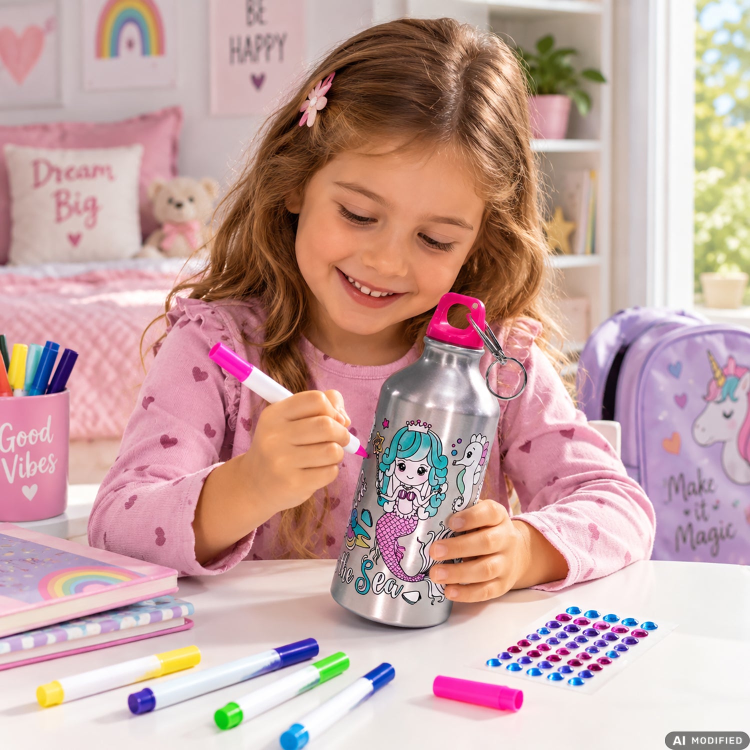 TU GIOCHI - Borraccia da Colorare 500 ml con Pennarelli e Gemme Adesive 6+ Anni