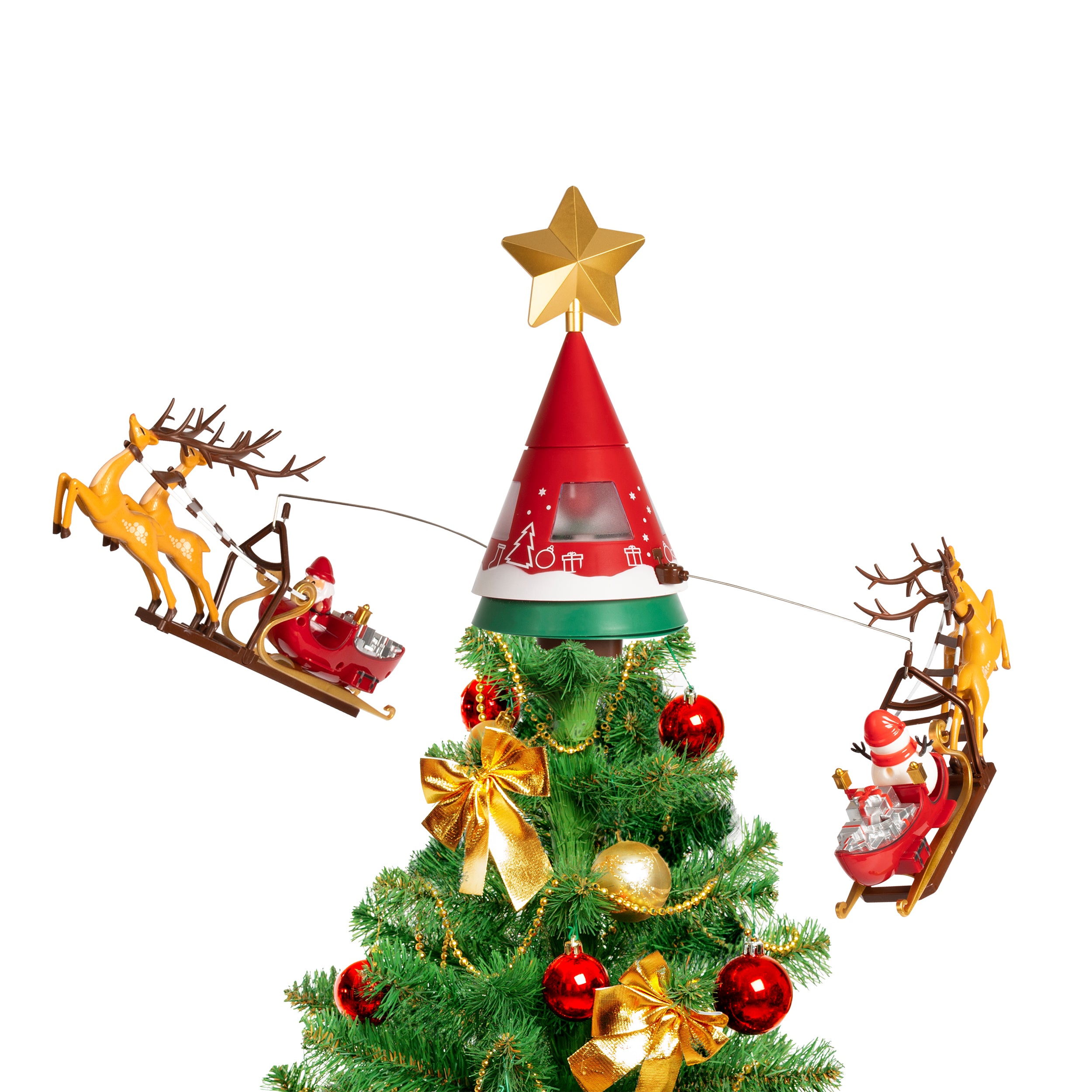 VESTIAMO CASA GRAN NATALE - Puntale Rotante per Albero di Natale con Slitte di Babbo Natale, Stella LED, Musica e Alimentazione USB h41x65 cm