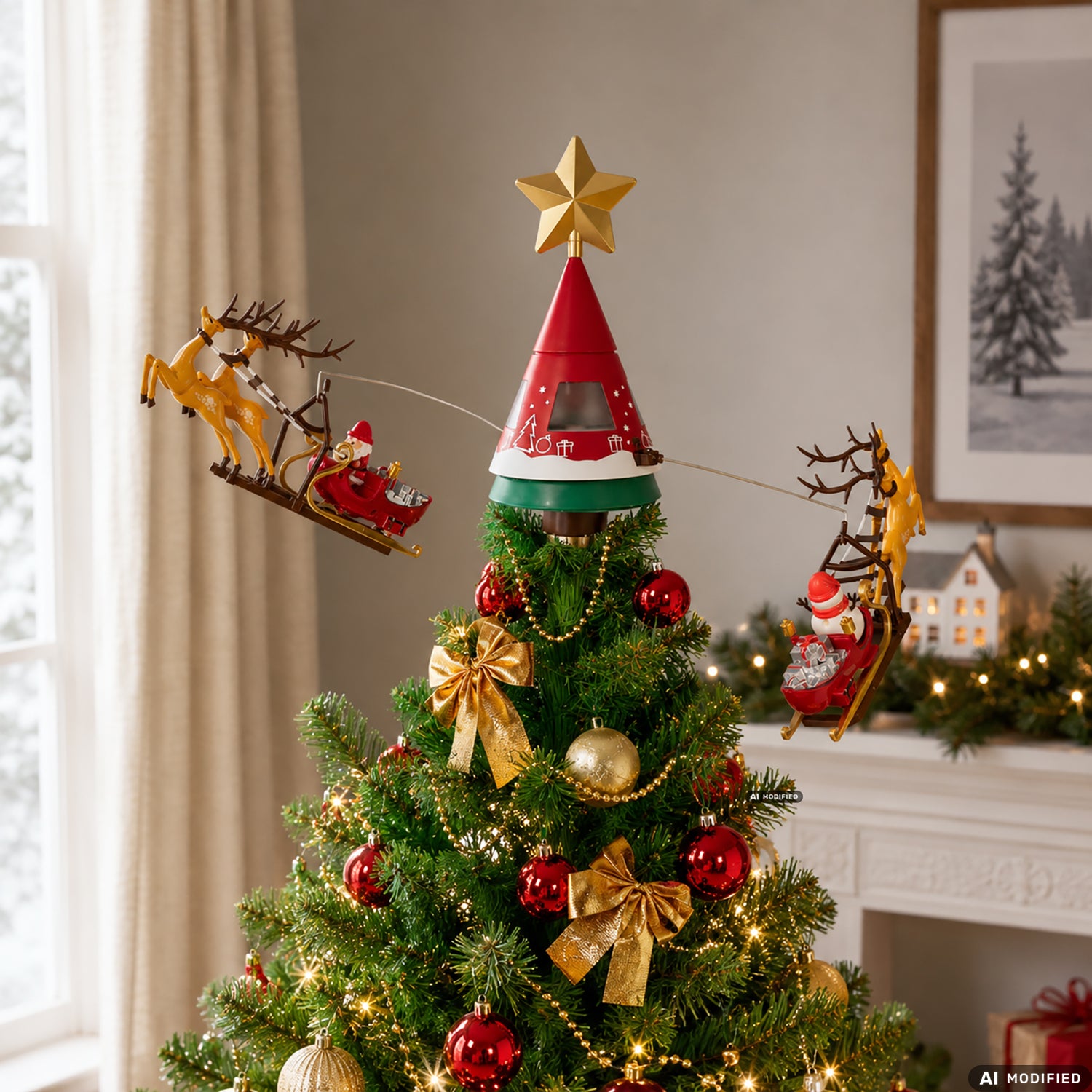 VESTIAMO CASA GRAN NATALE - Puntale Rotante per Albero di Natale con Slitte di Babbo Natale, Stella LED, Musica e Alimentazione USB h41x65 cm
