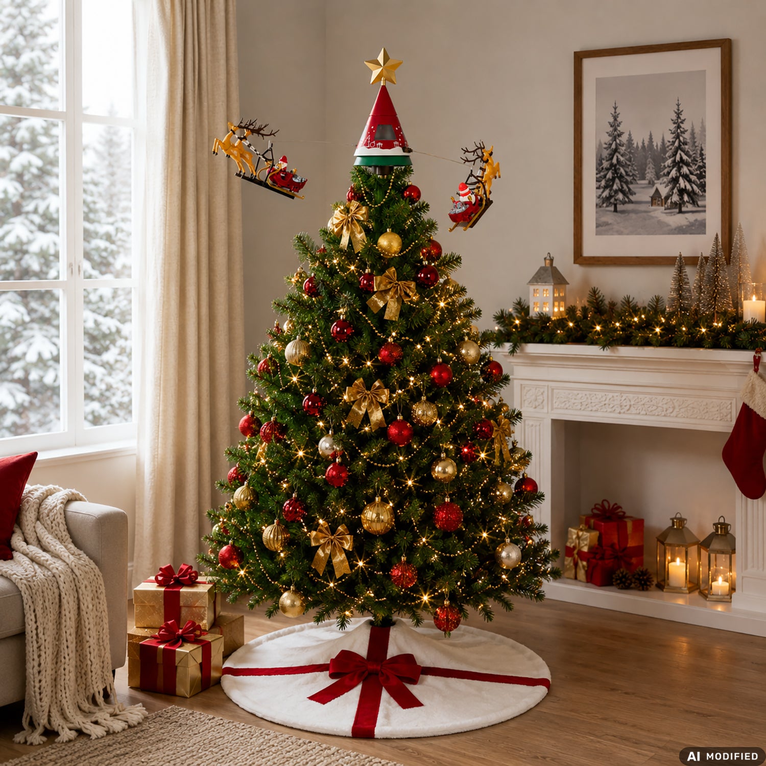 VESTIAMO CASA GRAN NATALE - Puntale Rotante per Albero di Natale con Slitte di Babbo Natale, Stella LED, Musica e Alimentazione USB h41x65 cm