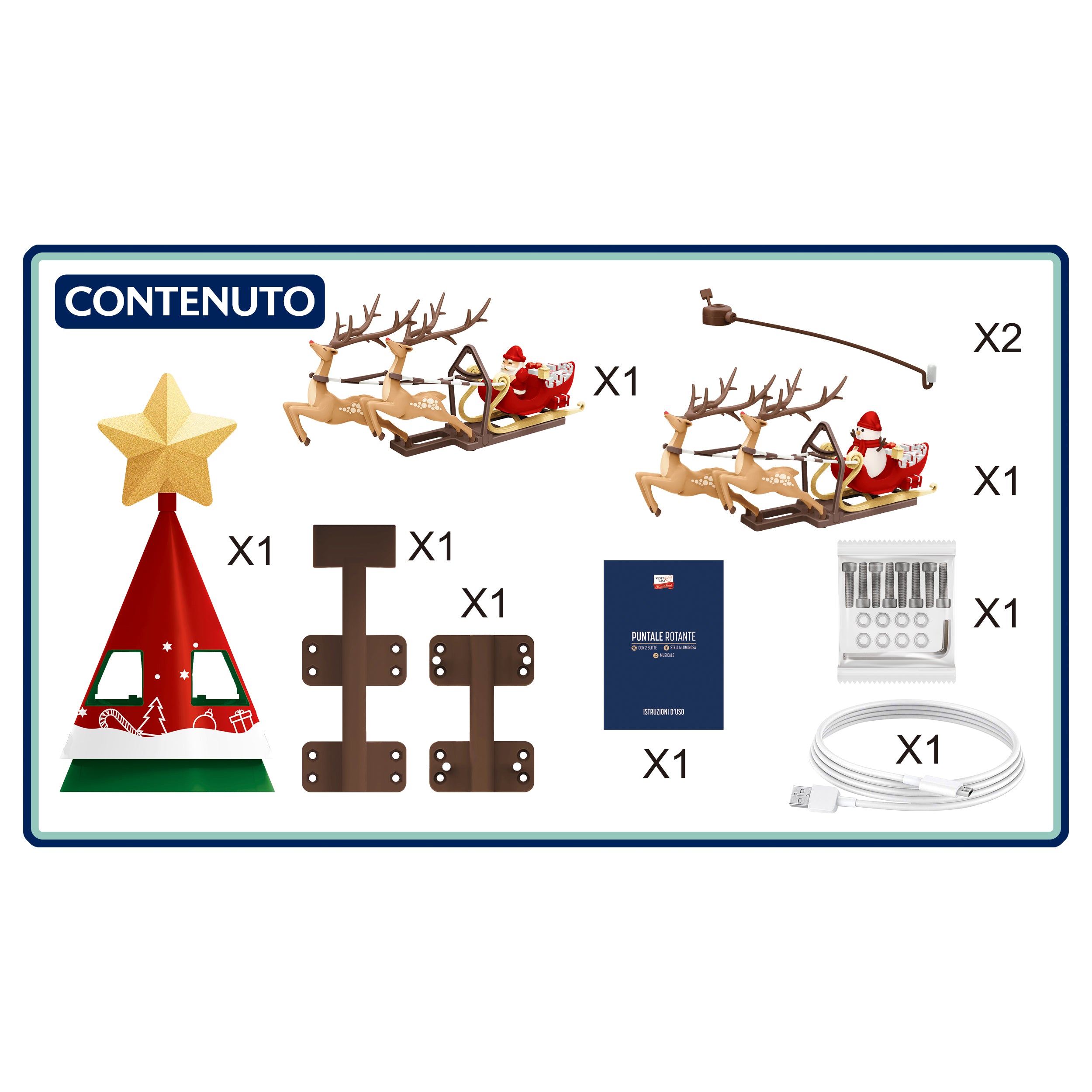 VESTIAMO CASA GRAN NATALE - Puntale Rotante per Albero di Natale con Slitte di Babbo Natale, Stella LED, Musica e Alimentazione USB h41x65 cm