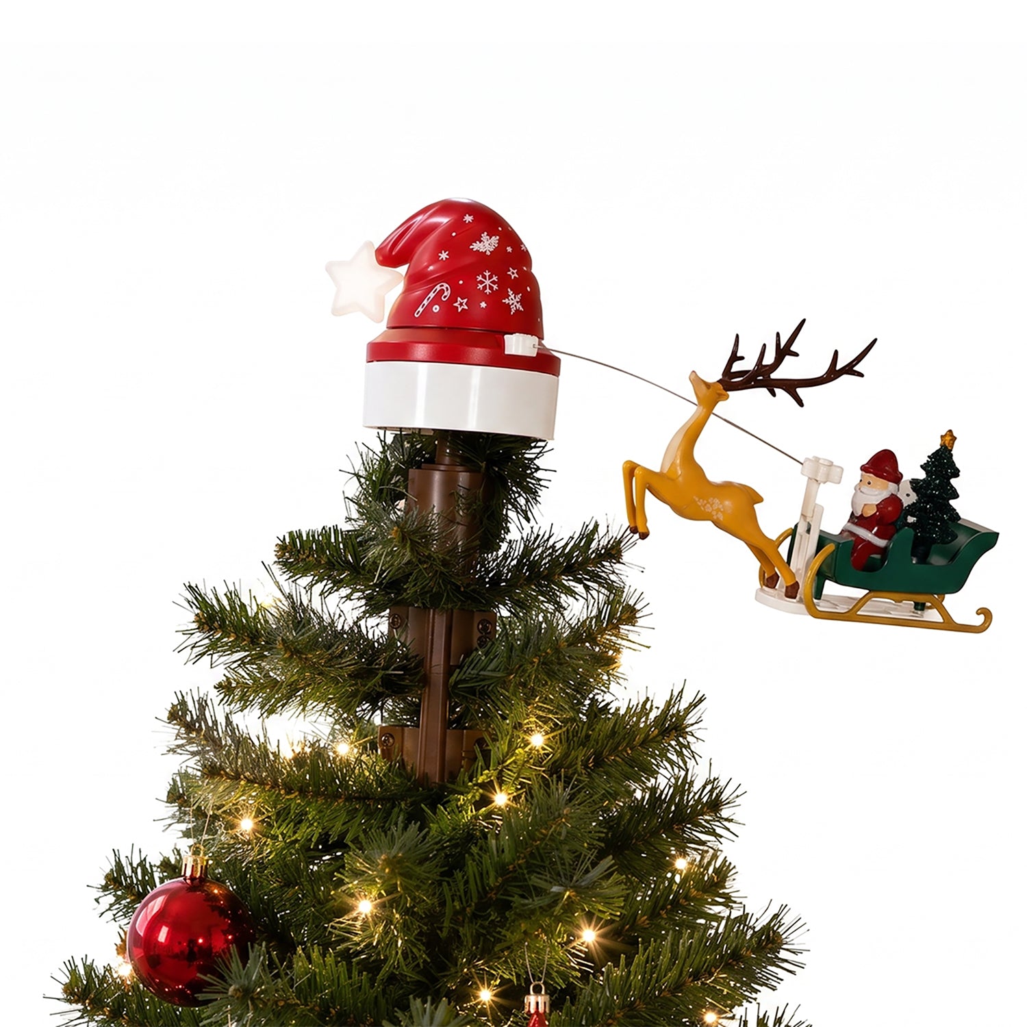 VESTIAMO CASA GRAN NATALE - Puntale Rotante per Albero di Natale con Slitta di Babbo Natale, Stella LED Multicolor, Musica e Alimentazione USB