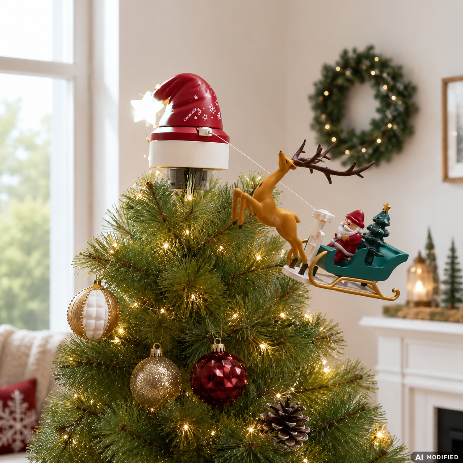 VESTIAMO CASA GRAN NATALE - Puntale Rotante per Albero di Natale con Slitta di Babbo Natale, Stella LED Multicolor, Musica e Alimentazione USB