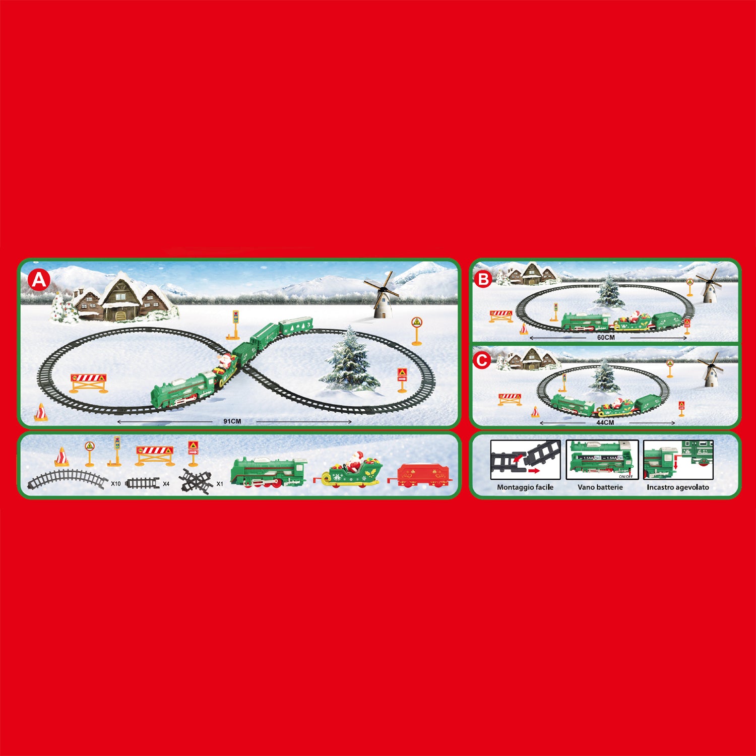 VESTIAMO CASA GRAN NATALE - Trenino Natalizio Express con Locomotiva, Slitta di Babbo Natale, Luci LED, Suoni Reali e 3 Circuiti di Montaggio 23 Pezzi