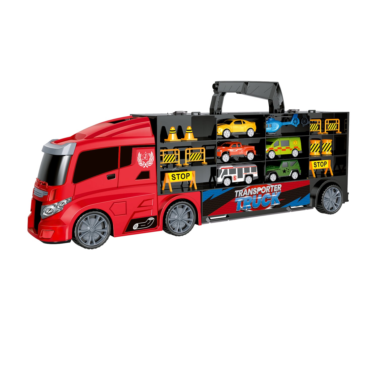 TU GIOCHI - Transporter Truck 17 Pezzi con Auto ed Elicottero