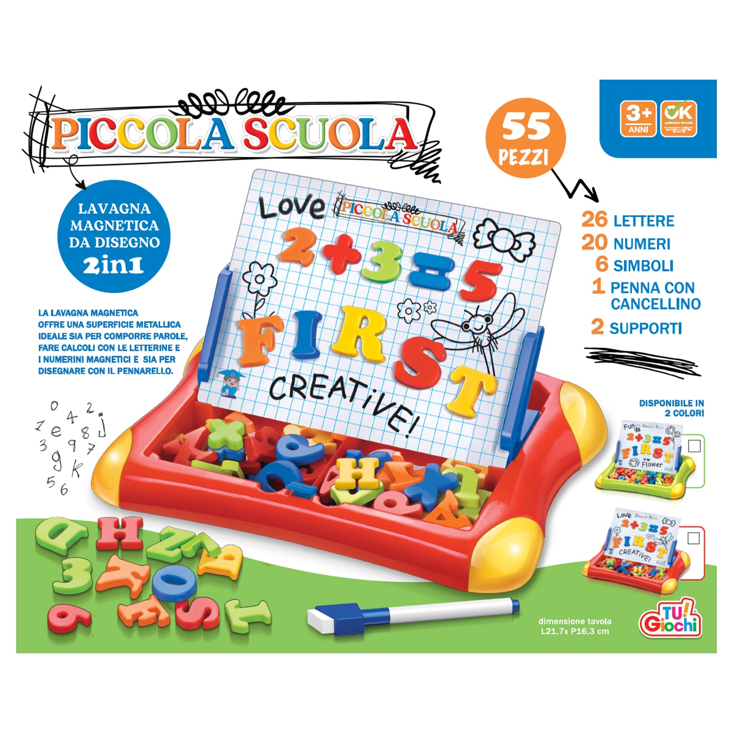 TU GIOCHI - Lavagna Magnetica da disegno 2 in 1 Piccola Scuola 55 pezzi