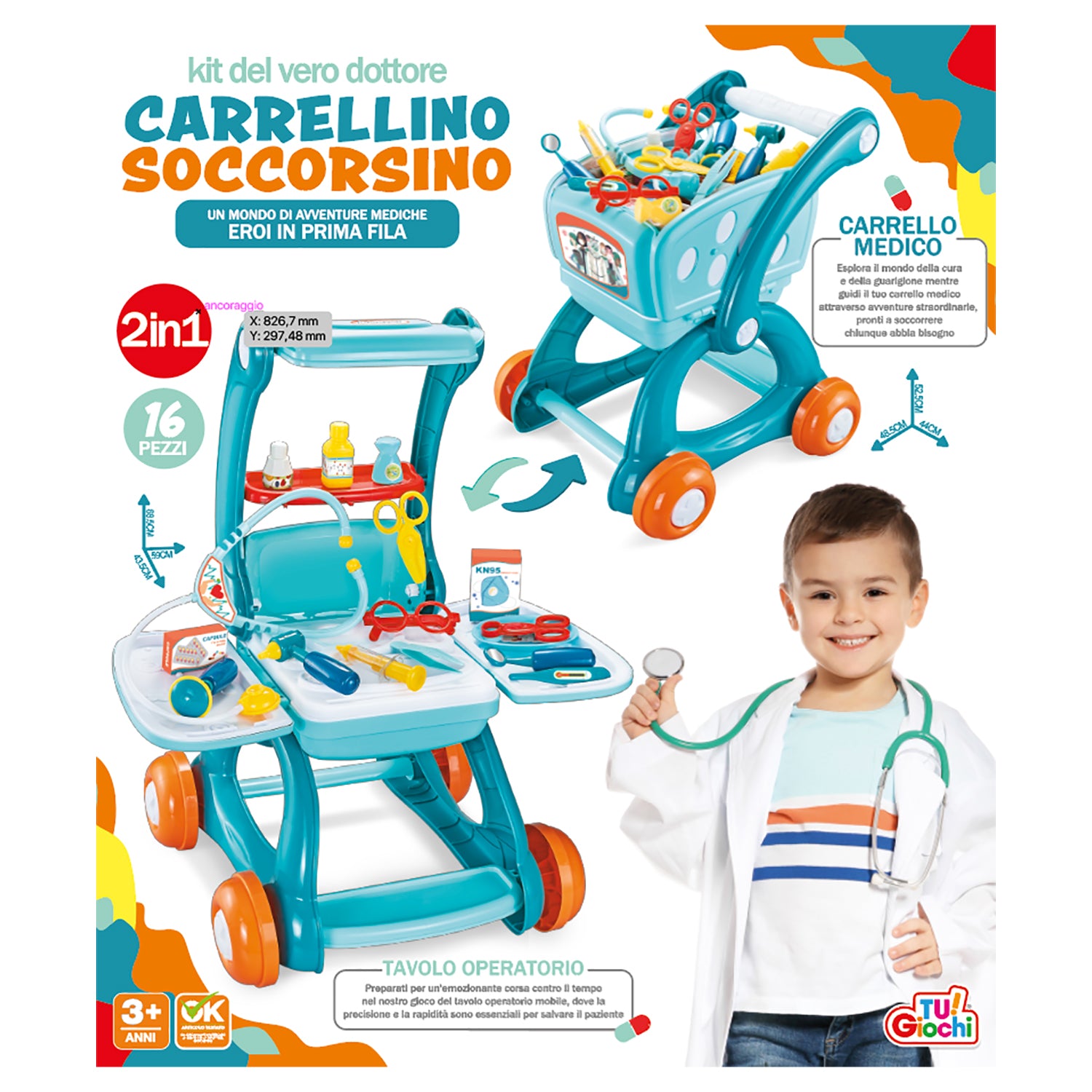 TU GIOCHI - Carrellino Soccorsino 2 in 1 - Kit del vero Dottore