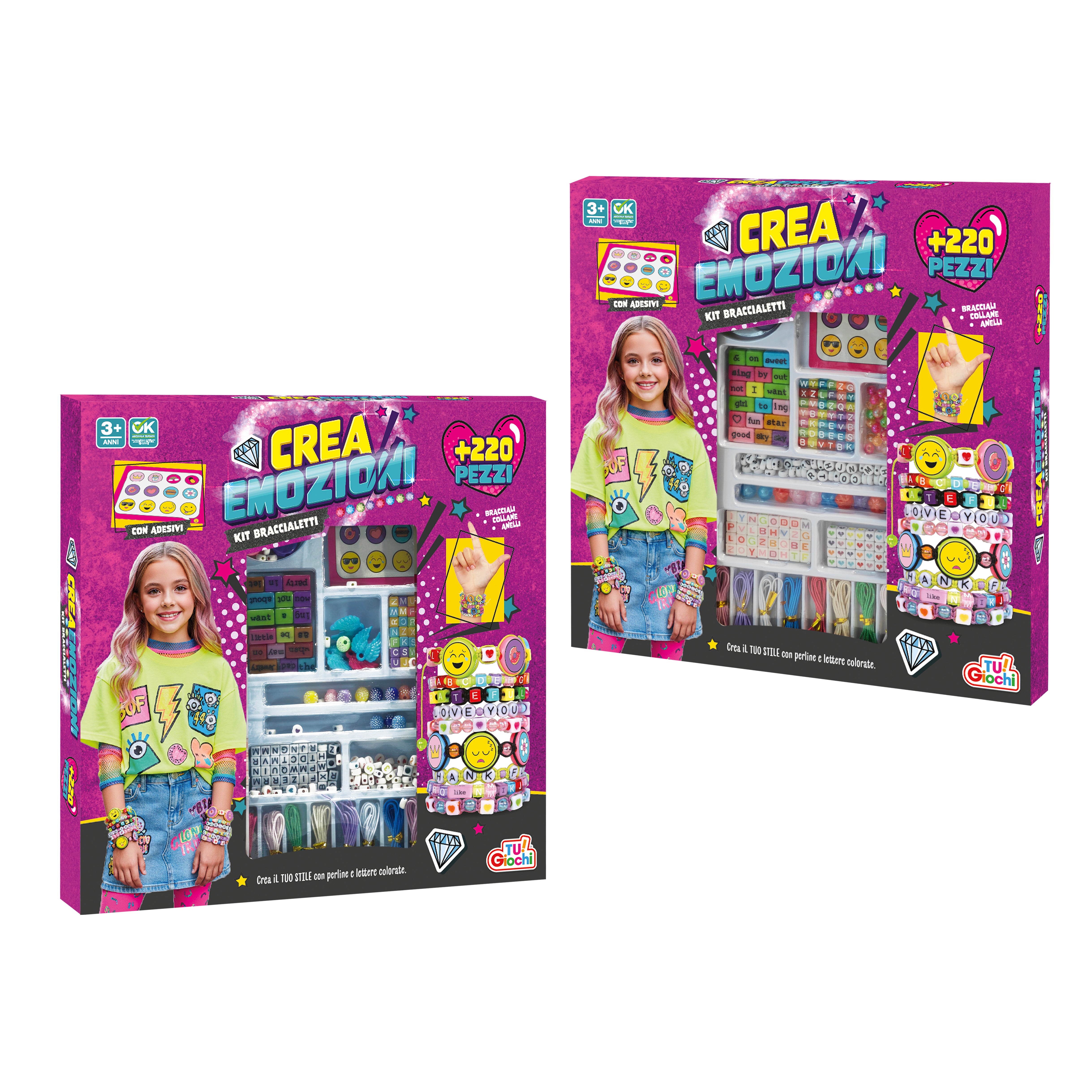 TU GIOCHI - Crea Emozioni Kit Braccialetti Creativi +220 Pezzi con Perline, Lettere e Adesivi