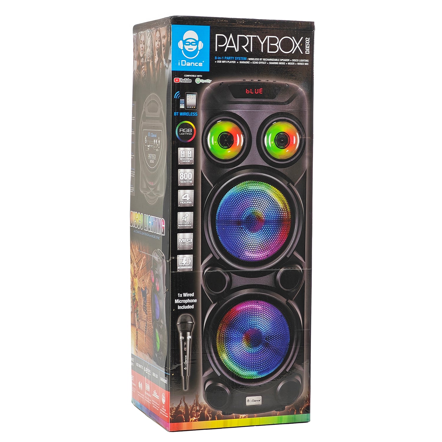 IDANCE - Speaker Bluetooth Altoparlante Partybox DJX502 - 8 in 1 Party System Luci RGB, Bluetooth e Microfono Wireless