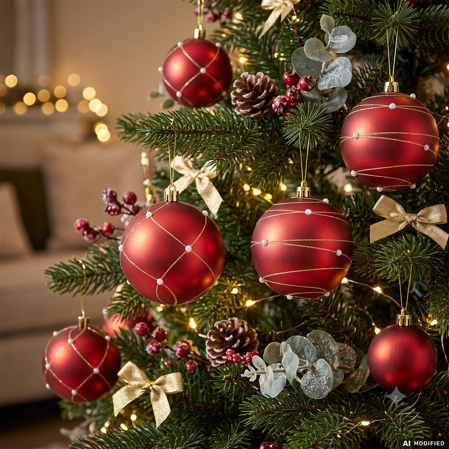 VESTIAMO CASA GRAN NATALE - Set 6 Palline di Natale Rosse con Perle diametro 8 cm