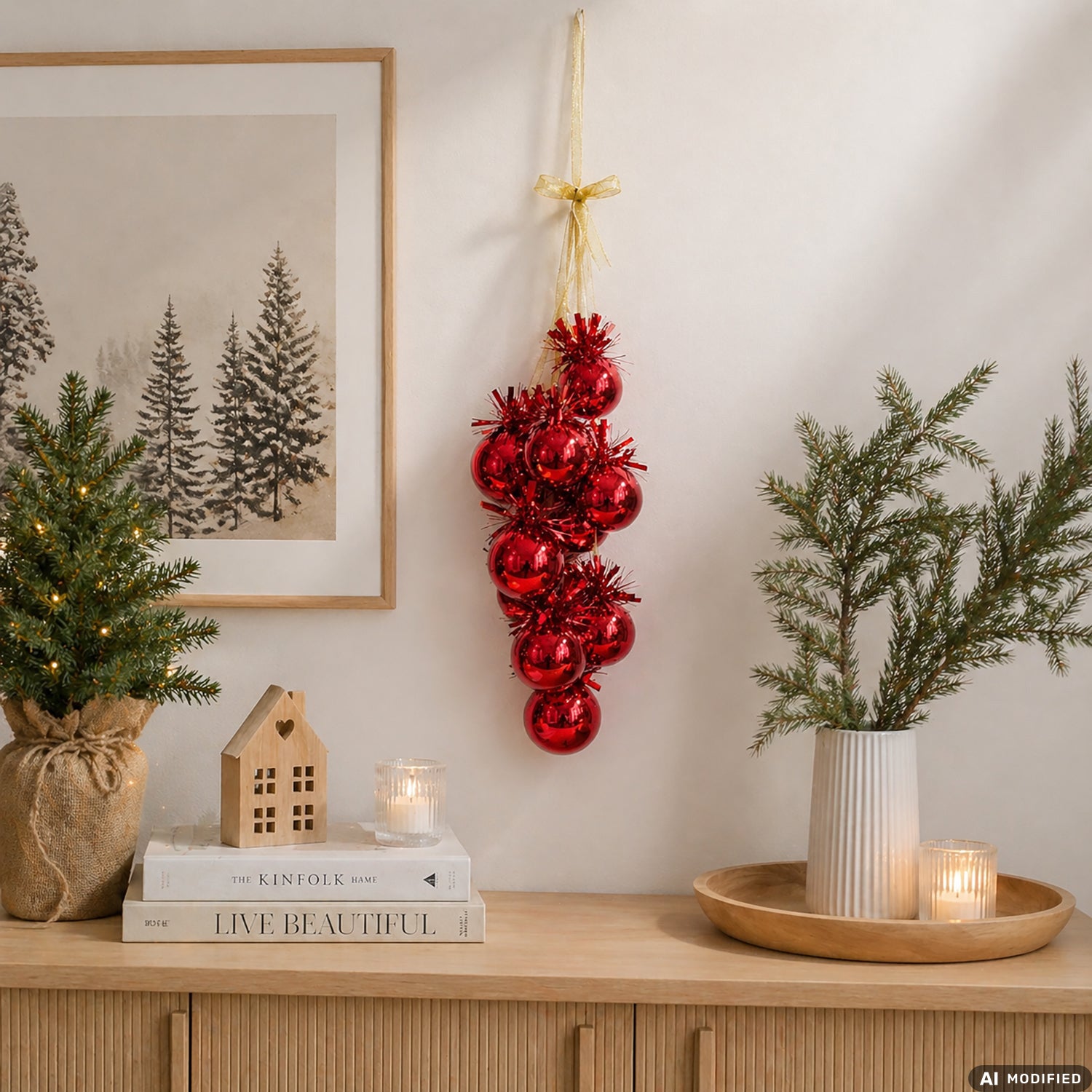 VESTIAMO CASA GRAN NATALE - Decorazione Natalizia a Grappolo Rossa con Palline h54 cm