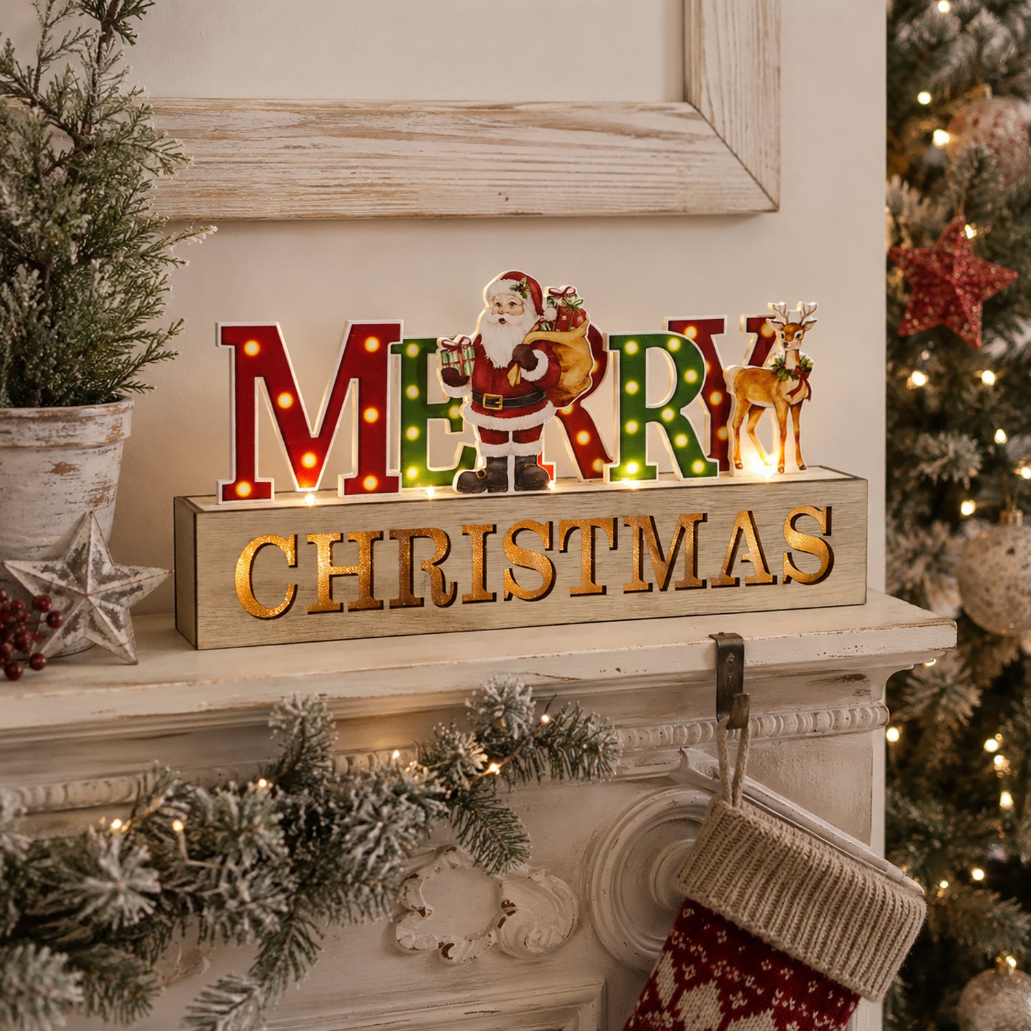 VESTIAMO CASA GRAN NATALE - Decorazione Natalizia Luminosa “Merry Christmas” LED in Poliwood h16 cm