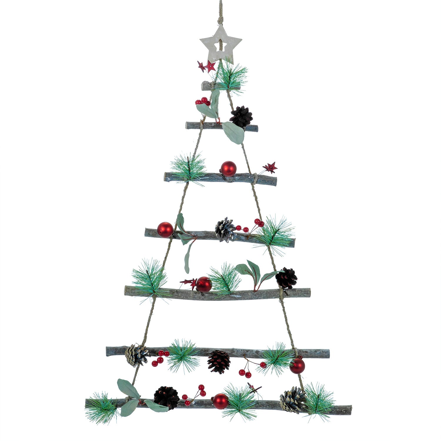 VESTIAMO CASA GRAN NATALE - Appendino Natalizio Albero in Legno con Rami Naturali e Decorazioni h68 cm
