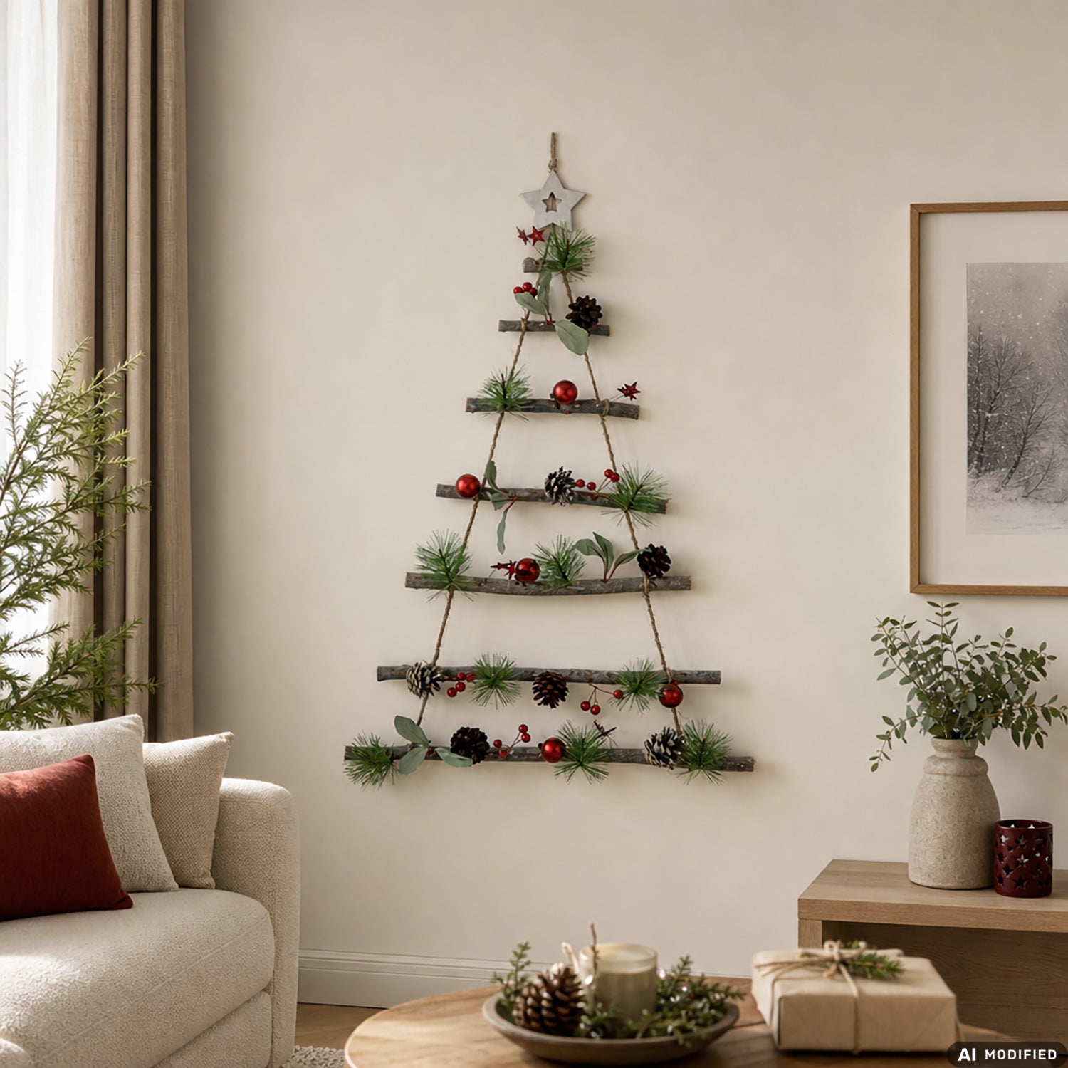 VESTIAMO CASA GRAN NATALE - Appendino Natalizio Albero in Legno con Rami Naturali e Decorazioni h68 cm