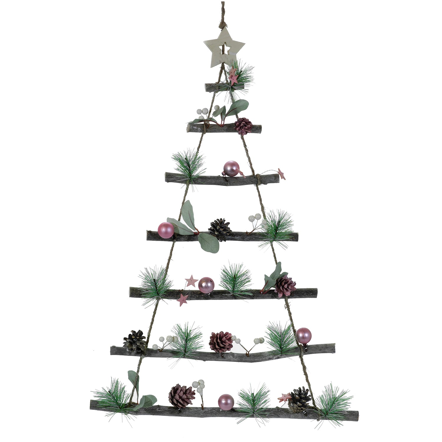 VESTIAMO CASA GRAN NATALE - Appendino Natalizio Albero in Legno con Rami Naturali e Decorazioni Rosa  h68 cm
