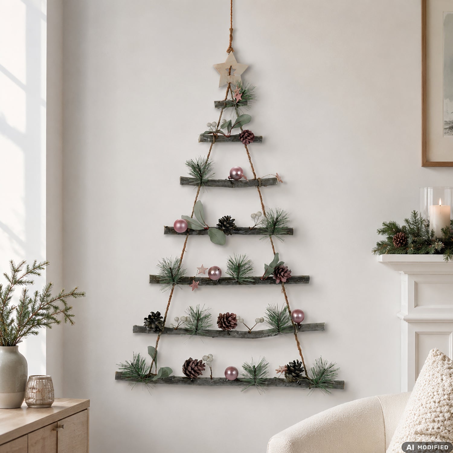 VESTIAMO CASA GRAN NATALE - Appendino Natalizio Albero in Legno con Rami Naturali e Decorazioni Rosa  h68 cm