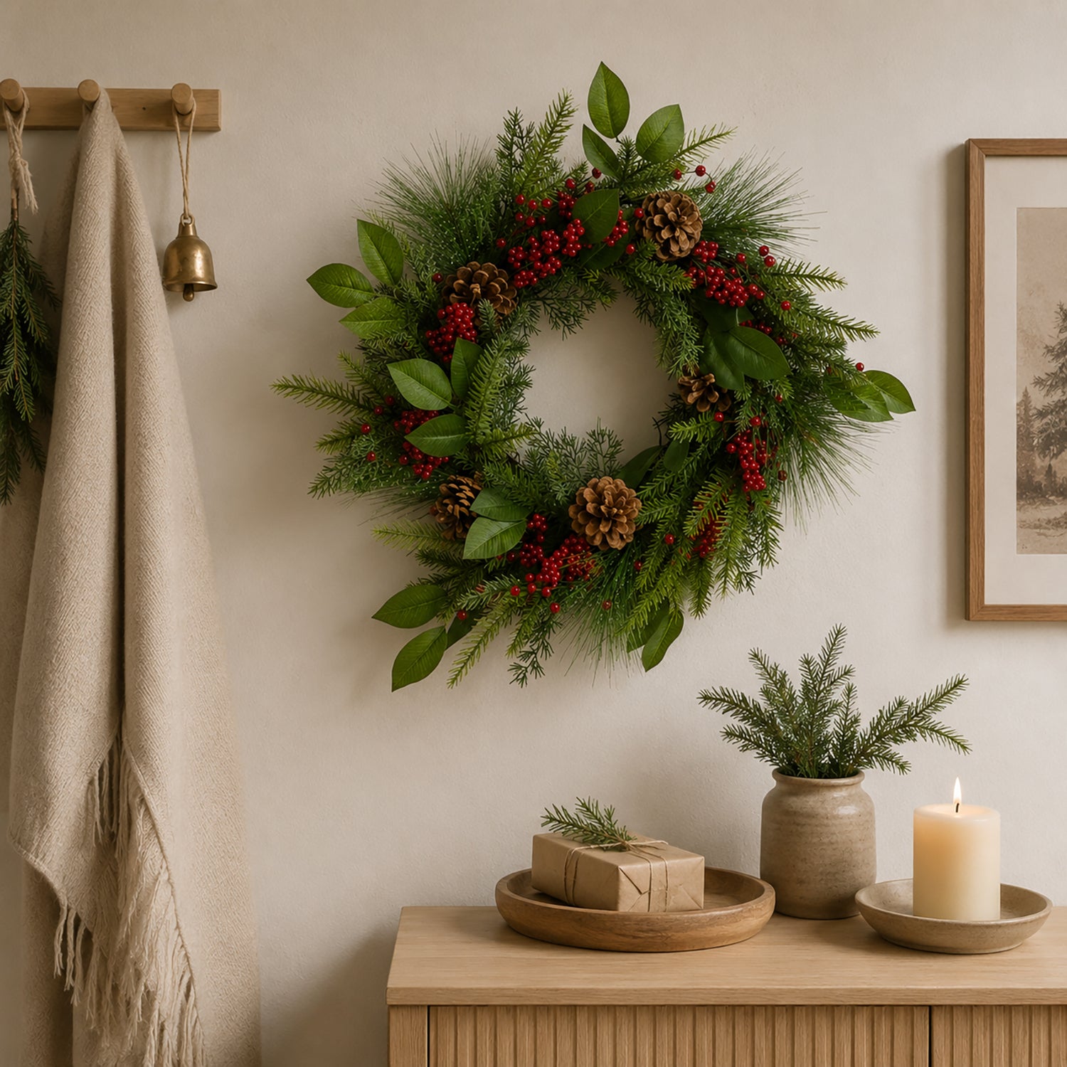 VESTIAMO CASA GRAN NATALE - Ghirlanda Natalizia Decorativa con Pigne e Bacche rosse diametro 45 cm