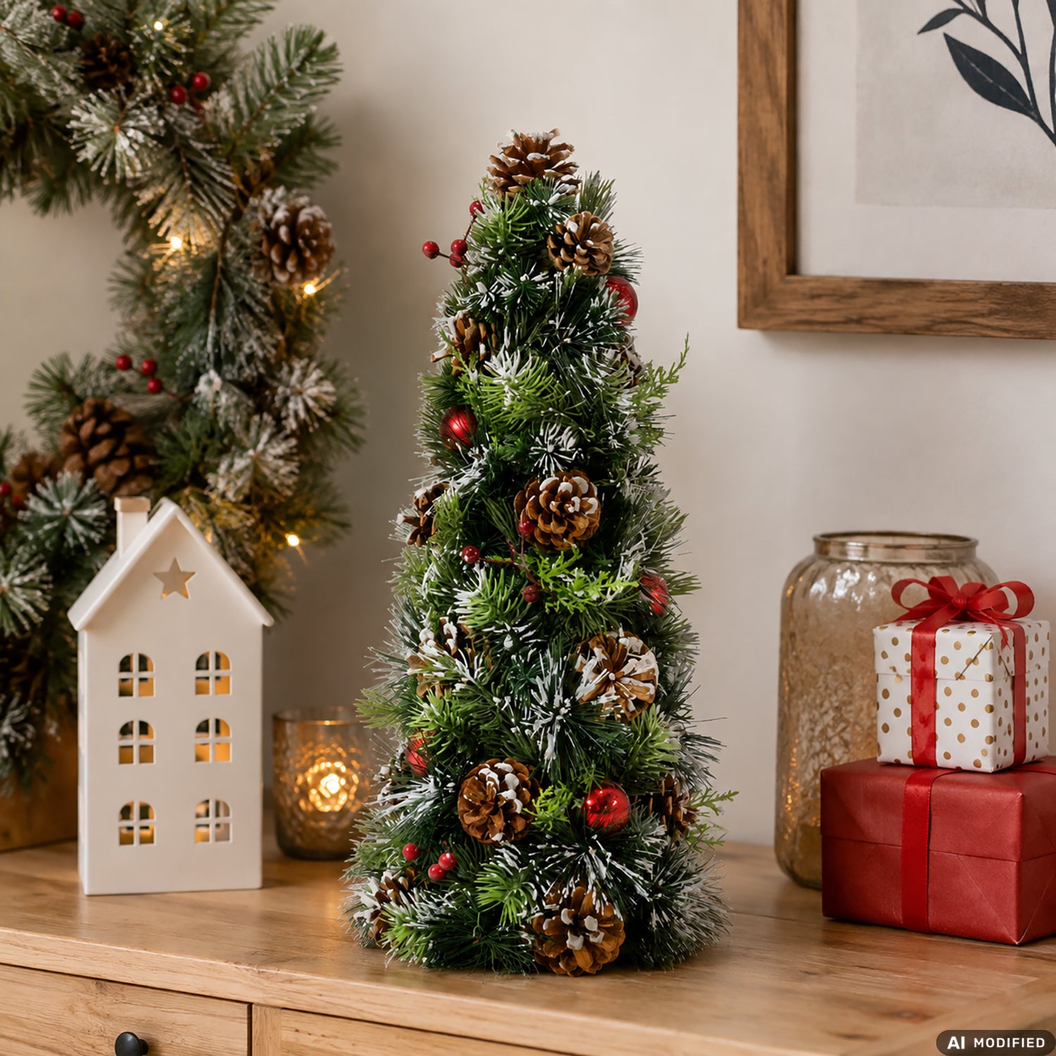VESTIAMO CASA GRAN NATALE - Albero di Natale Decorativo con Pigne e Bacche Rosse h57 cm