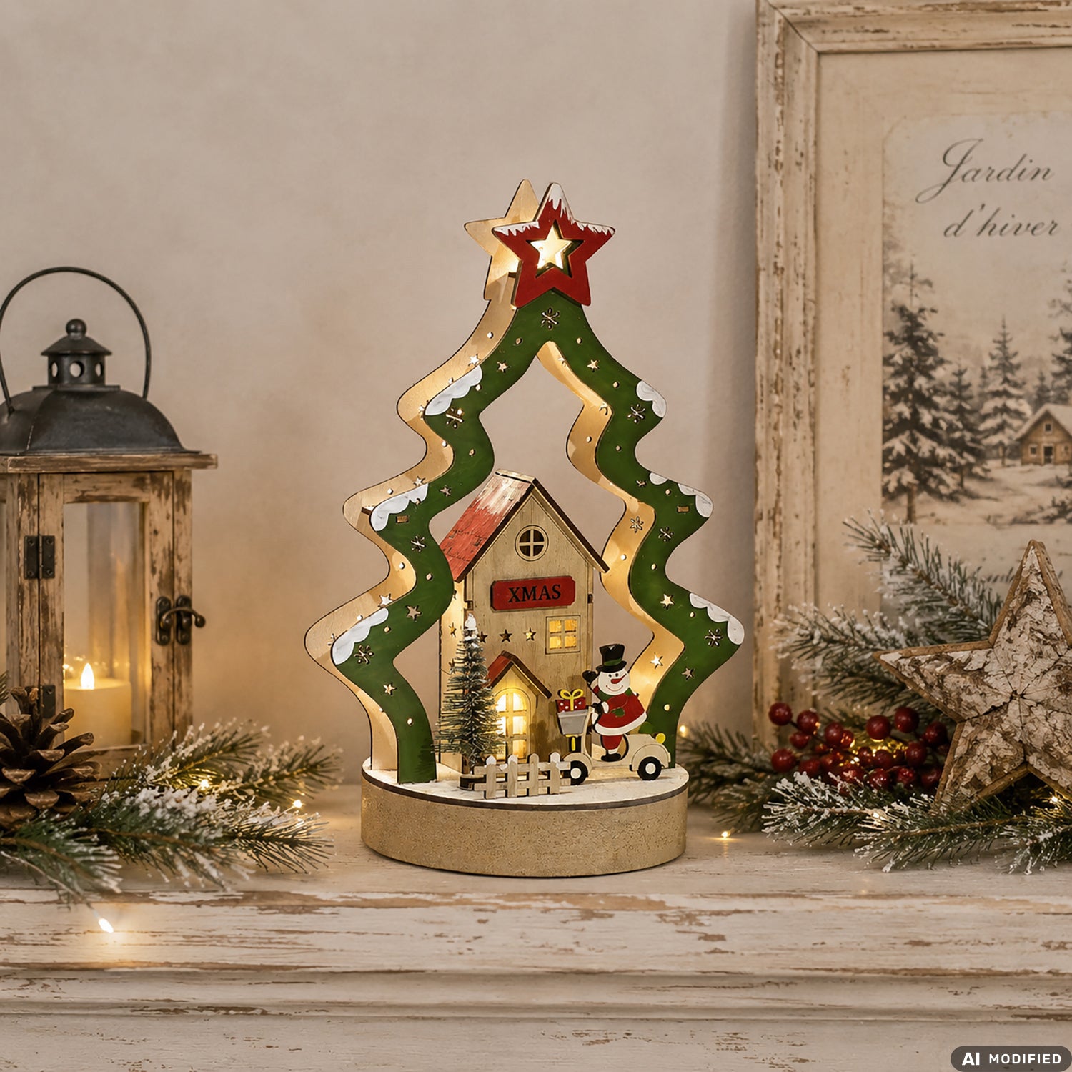 VESTIAMO CASA GRAN NATALE - Decorazione Natalizia Luminosa Albero con Casetta LED Bianco Caldo h26 cm