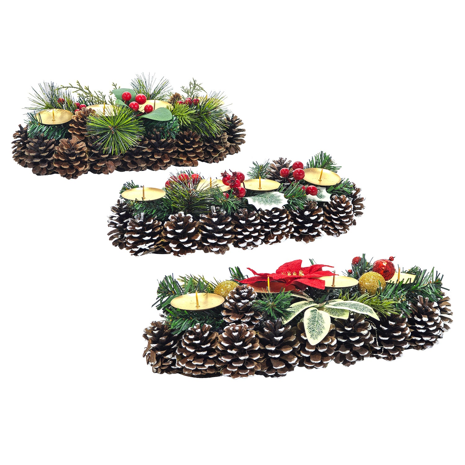 VESTIAMO CASA GRAN NATALE - Portacandela Natalizio 4 Posti con Pigne Decorative 34 cm
