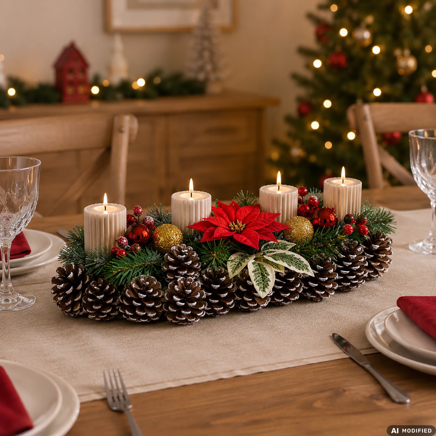 VESTIAMO CASA GRAN NATALE - Portacandela Natalizio 4 Posti con Pigne Decorative 34 cm