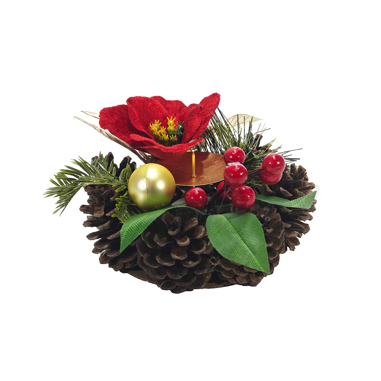 VESTIAMO CASA GRAN NATALE - Portacandela Natalizio con Pigne, Fiore Rosso e Bacche - diametro 14,5 cm