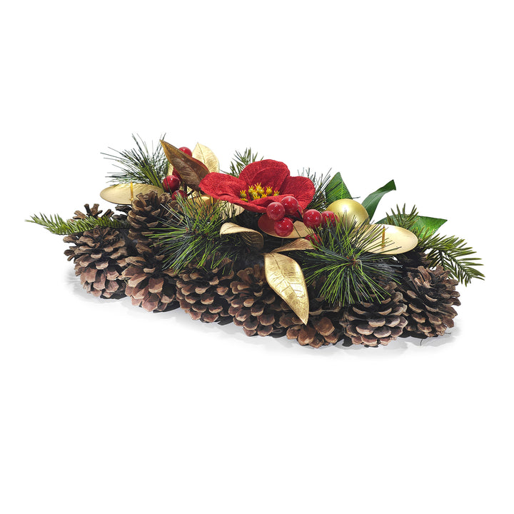 VESTIAMO CASA GRAN NATALE - Portacandela Natalizio 4 Posti con Pigne h10x35x16 cm